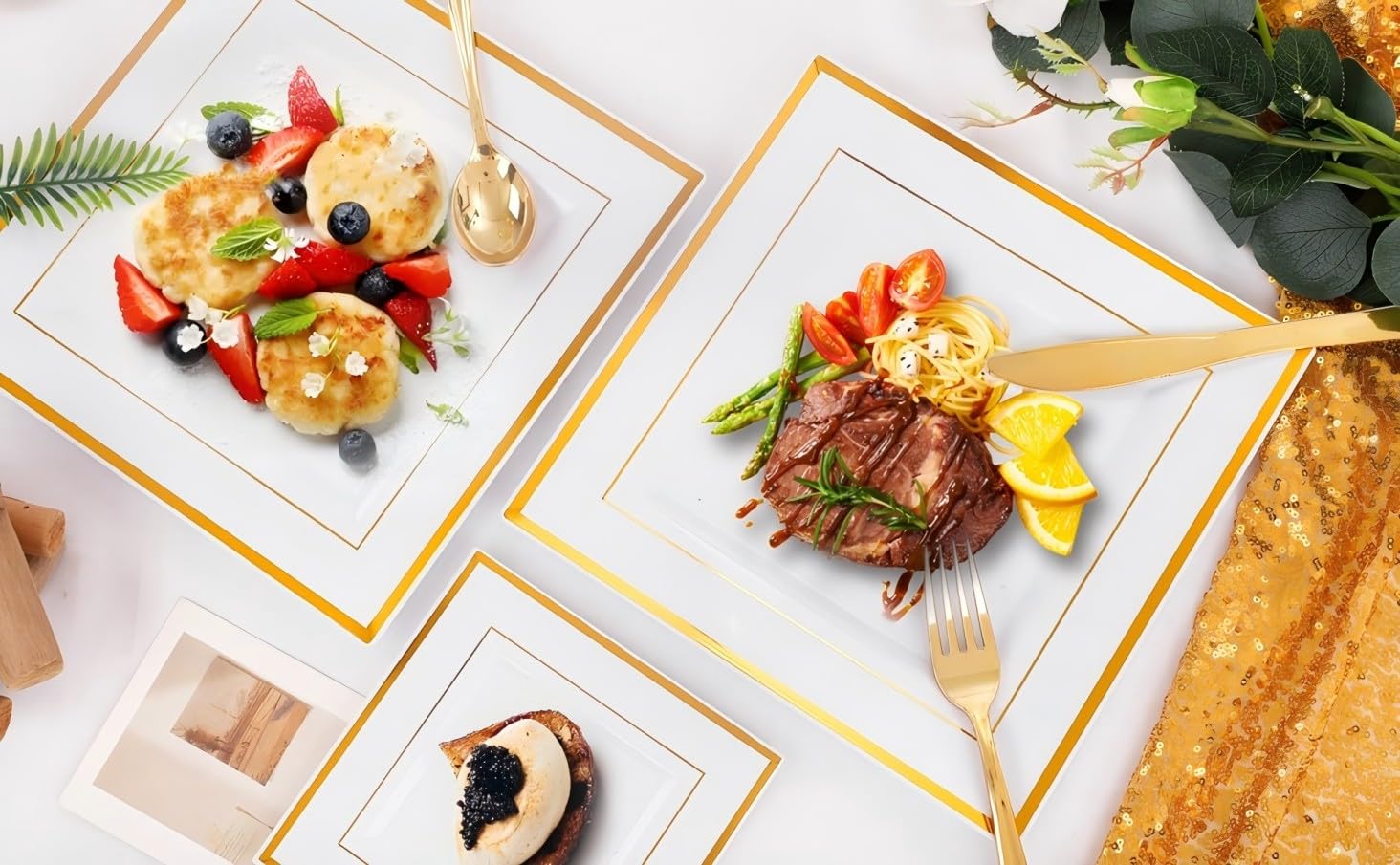 350Pcs Gold Plastic Party Plates Set - Disposable Square Gold Dinner Plates, Dessert Plates, Cups, Cutlery & Napkins for Wedding, Birthday, Anniversary Celebrations - Elegant Tableware for Special Occasions