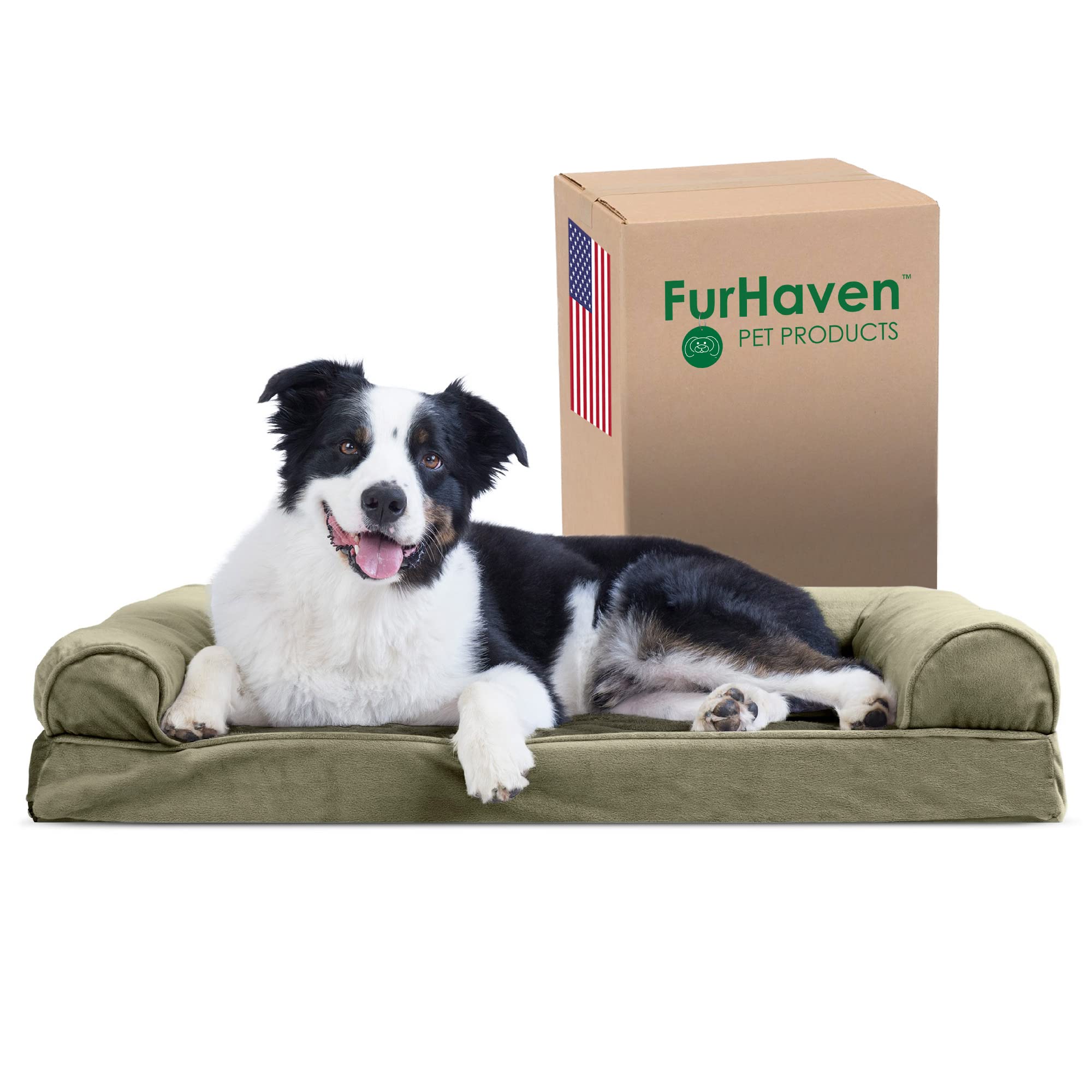 Furhaven Cooling Gel Dog Bed for Large & Medium Dogs - Removable Bolsters & Washable Cover - Supports Up to 55 lbs - Faux Fur & Velvet Sofa Style - Dark Sage (Large) - Perfect for Hot Weather & Indoor Comfort