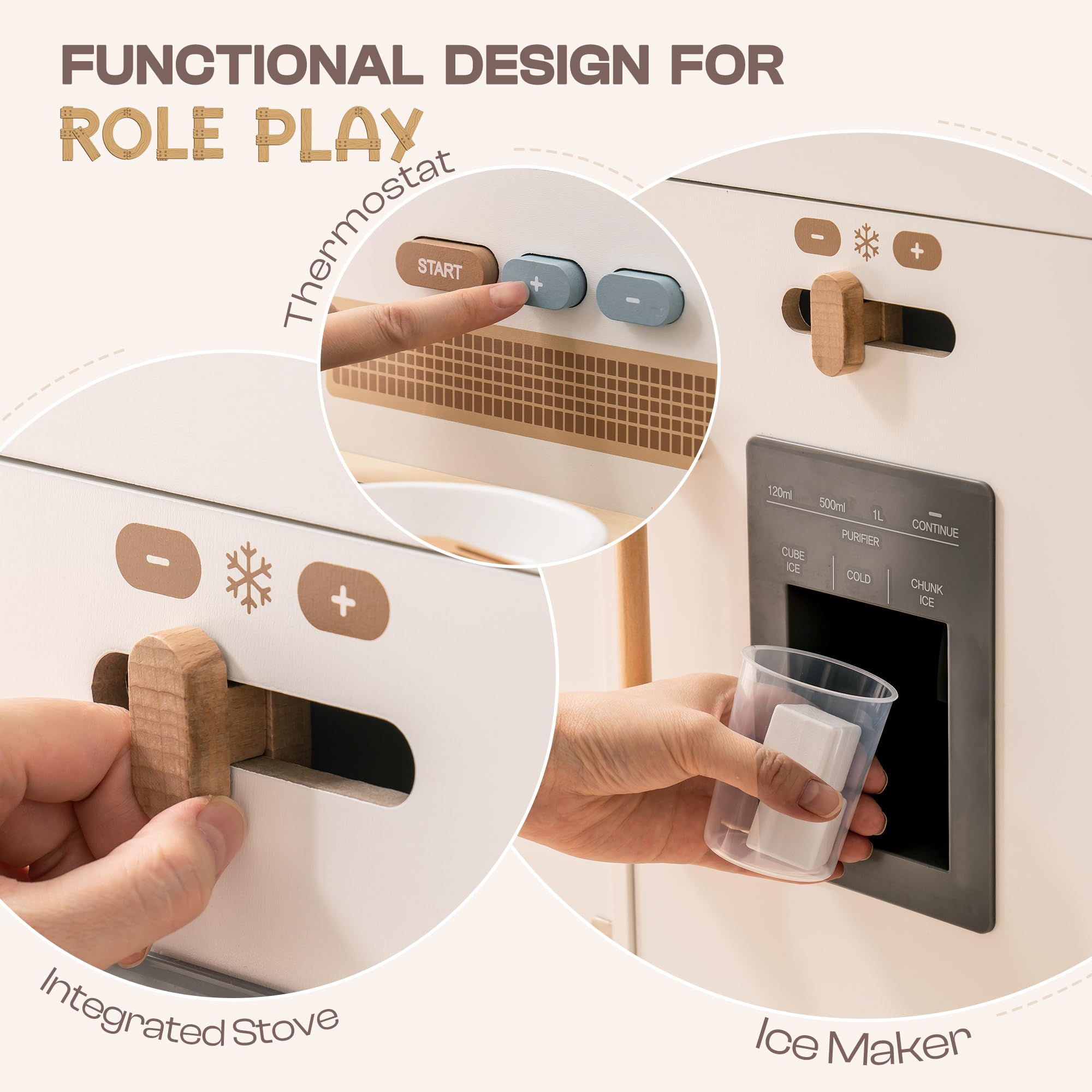 ROBOTIME Wooden Play Kitchen for Toddlers - Pretend Play Toy Kitchen with Real Lights, Sounds & Ice Cube Dispenser - Educational Gift for Kids Ages 3+ (White) | Perfect for Pretend Cooking, Role Play & Early Learning at Home or Preschool