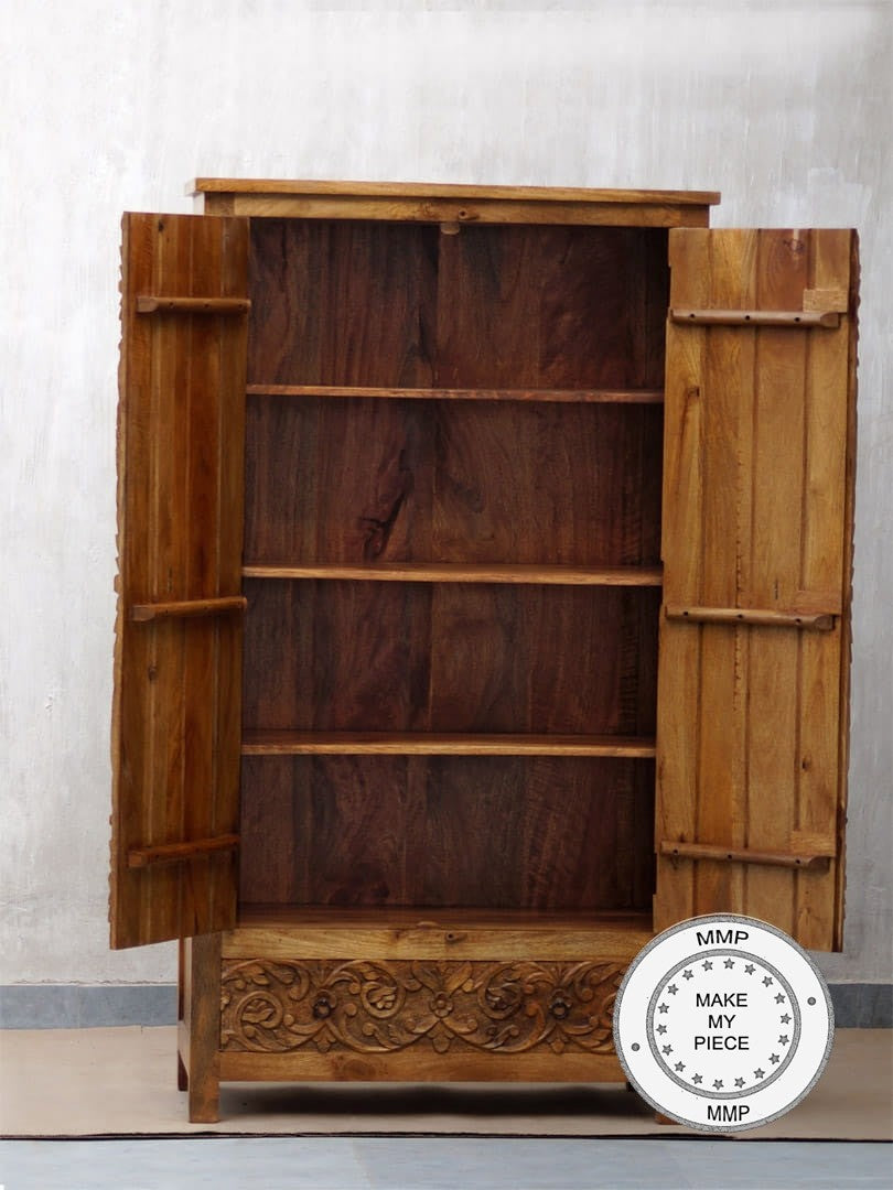 Hand Carved Indian Wooden Wardrobe Cabinet - Floral Design, Brown - Perfect for Bedroom, Living Room & Home Decor Storage