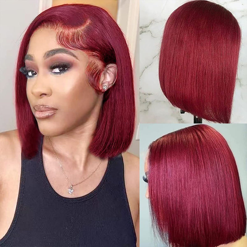 Eullair Short Bob Wigs 13x4 Lace Front Human Hair Wig - Pre-Colored Burgundy Highlight Straight Hairpiece for Women | Perfect for Daily Wear, Cosplay & Special Occasions