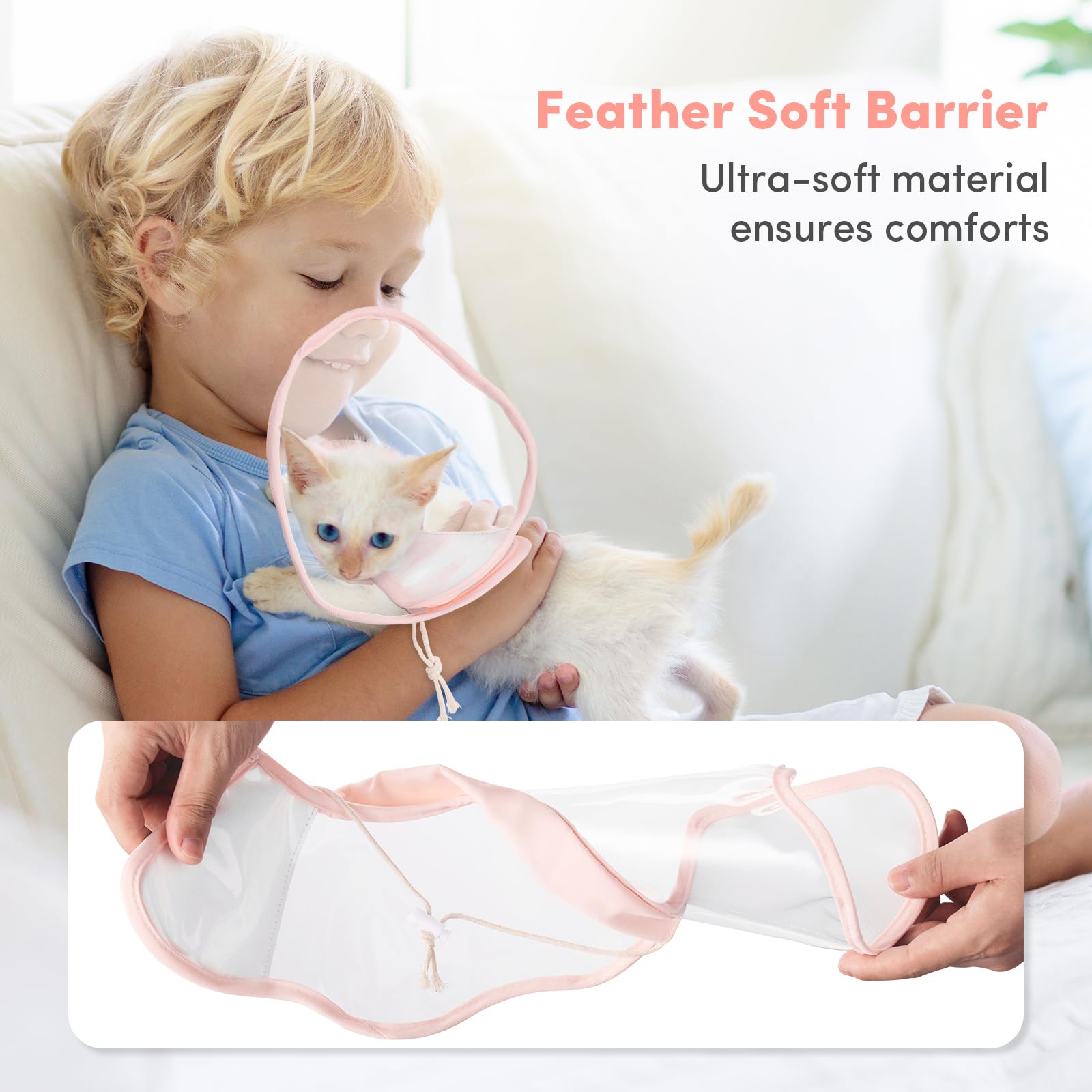 BENCMATE Soft Cat Cone Collar - Low Noise Fasteners, Transparent Pet Recovery Collar for Licking & Scratching Prevention - Extra Comfort After Surgery (Pink, Large) | Perfect for Post-Op Care & Wound Healing