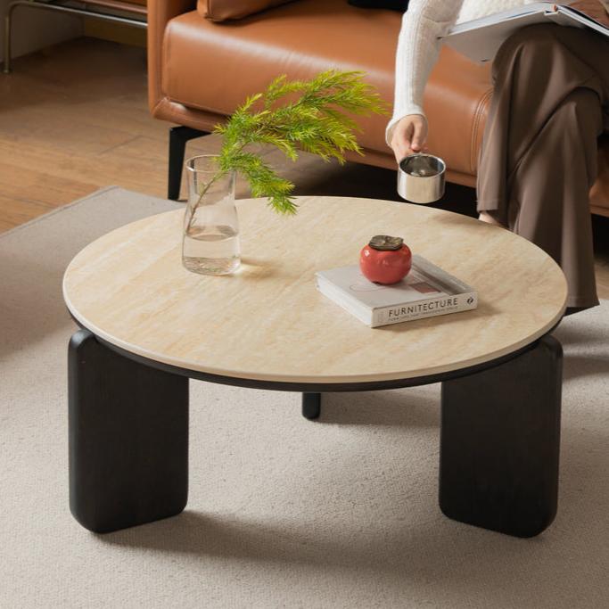 Solid Oak Wood Modern Round Coffee Table - Rustic Farmhouse Living Room Centerpiece for Home Decor