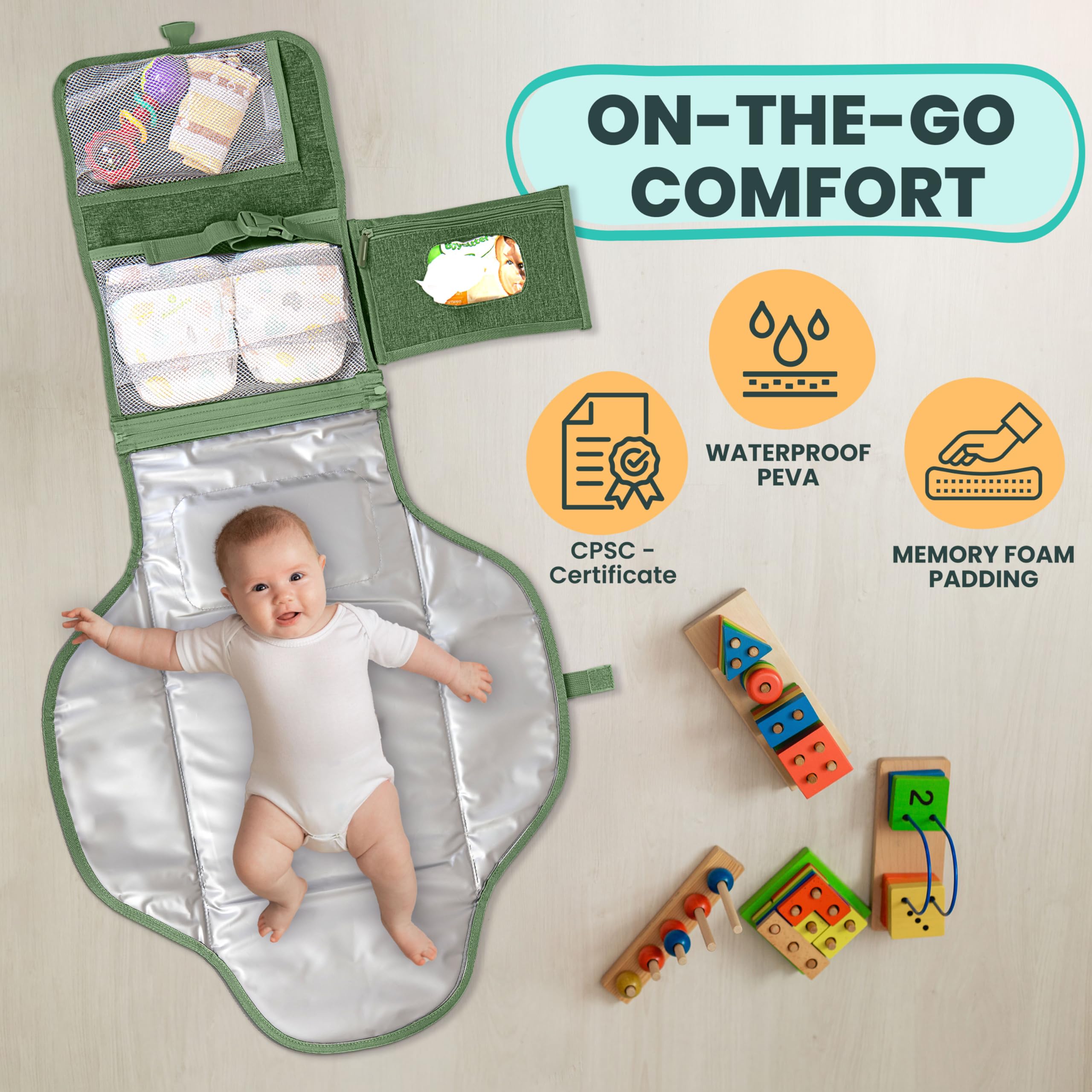 Portable Baby Changing Pad - Large Waterproof Travel Diaper Mat for Newborns & Infants | Foldable, Detachable Changing Station with Wipes Pockets | Perfect for Diaper Bags, Nursery, On-the-Go Parenting & Travel Essentials