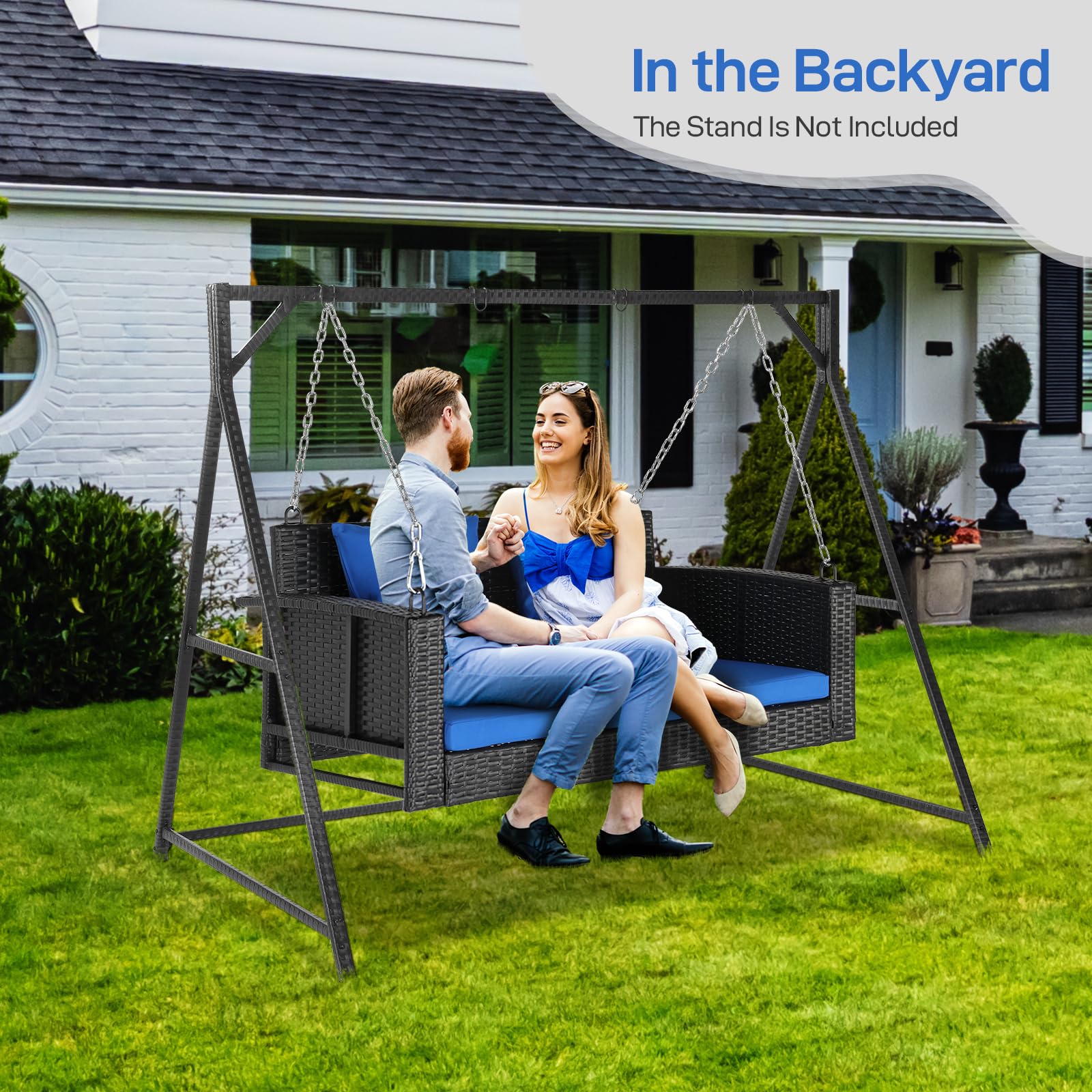 Outvita 2-Person Wicker Porch Swing with Cushion & Pillow - 800 lb Capacity Outdoor Hanging Bench for Patio, Garden, Backyard - Perfect for Relaxing, Reading & Enjoying Nature (Blue)