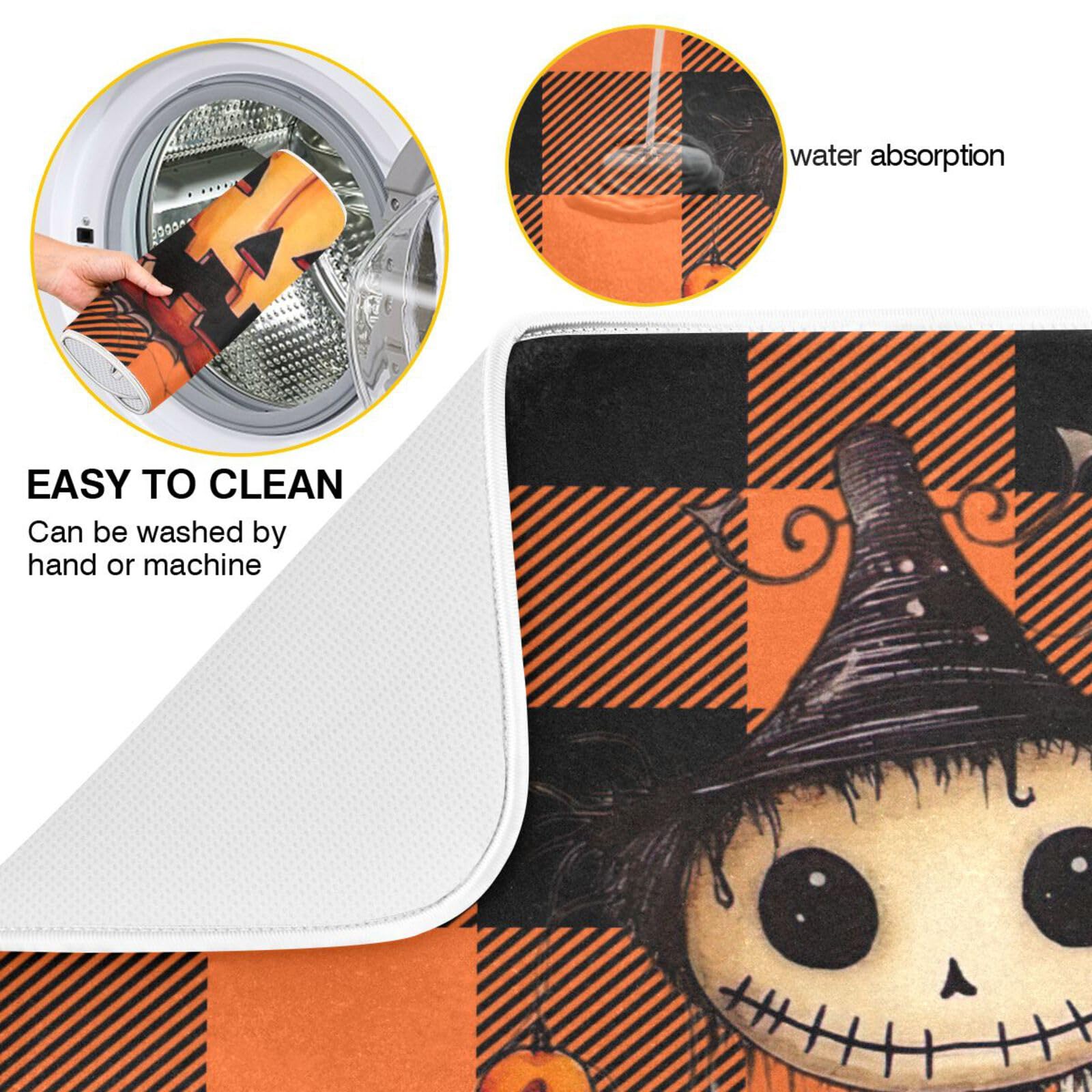 **Orange Plaid Halloween Pumpkin Dish Drying Mat – Absorbent Microfiber Kitchen Counter Protector (16