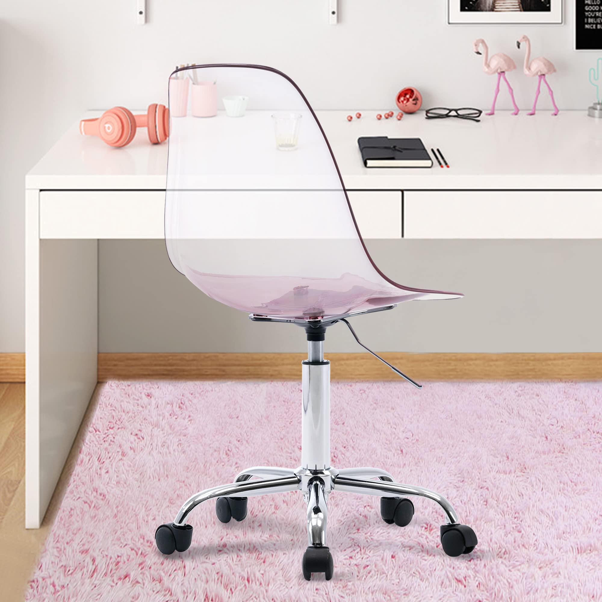 HOMEFUN Clear Acrylic Rolling Armless Swivel Chair - Height Adjustable Ghost Molded Plastic Office Chair with Wheels, Pink - Perfect for Home Office, Vanity Desk, and Modern Workspace Decor