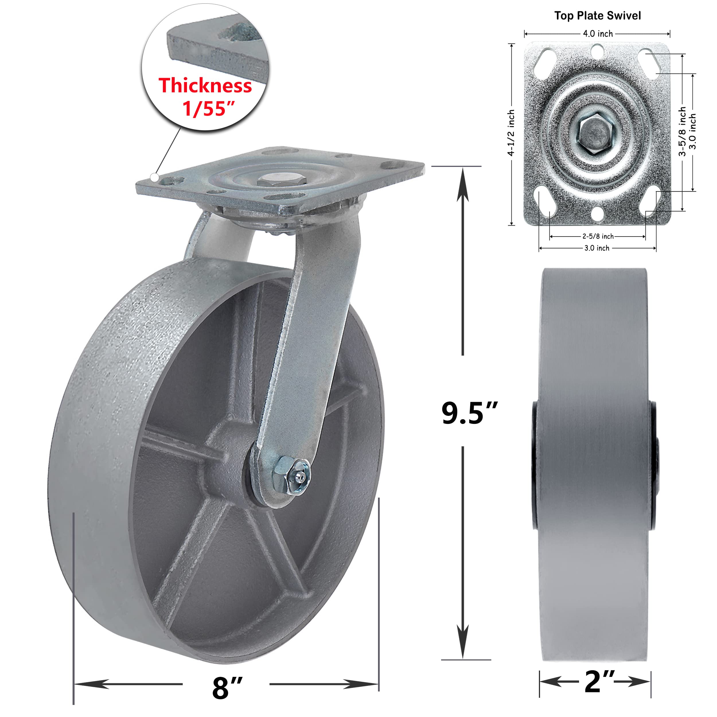 Heavy Duty 8 Inch Steel Cast Iron Caster Wheels - Set of 4 with Swivel for Tool Boxes, Workbenches & Industrial Equipment - 5200 LB Capacity - Perfect for Workshops, Garages & Warehouse Applications