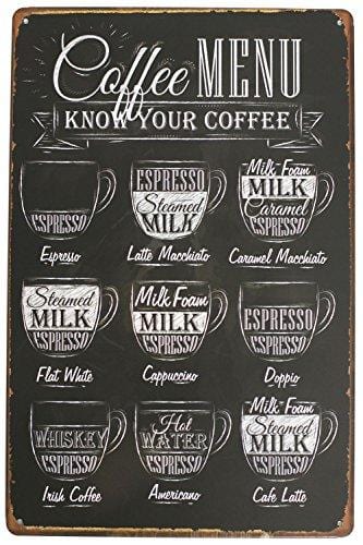 Vintage Coffee Menu Metal Tin Sign - Latte Espresso Wall Art for Kitchen, Cafe & Home Decor | Retro Antique Plaque Poster | Perfect for Coffee Shops, Restaurants and Coffee Lovers' Homes
