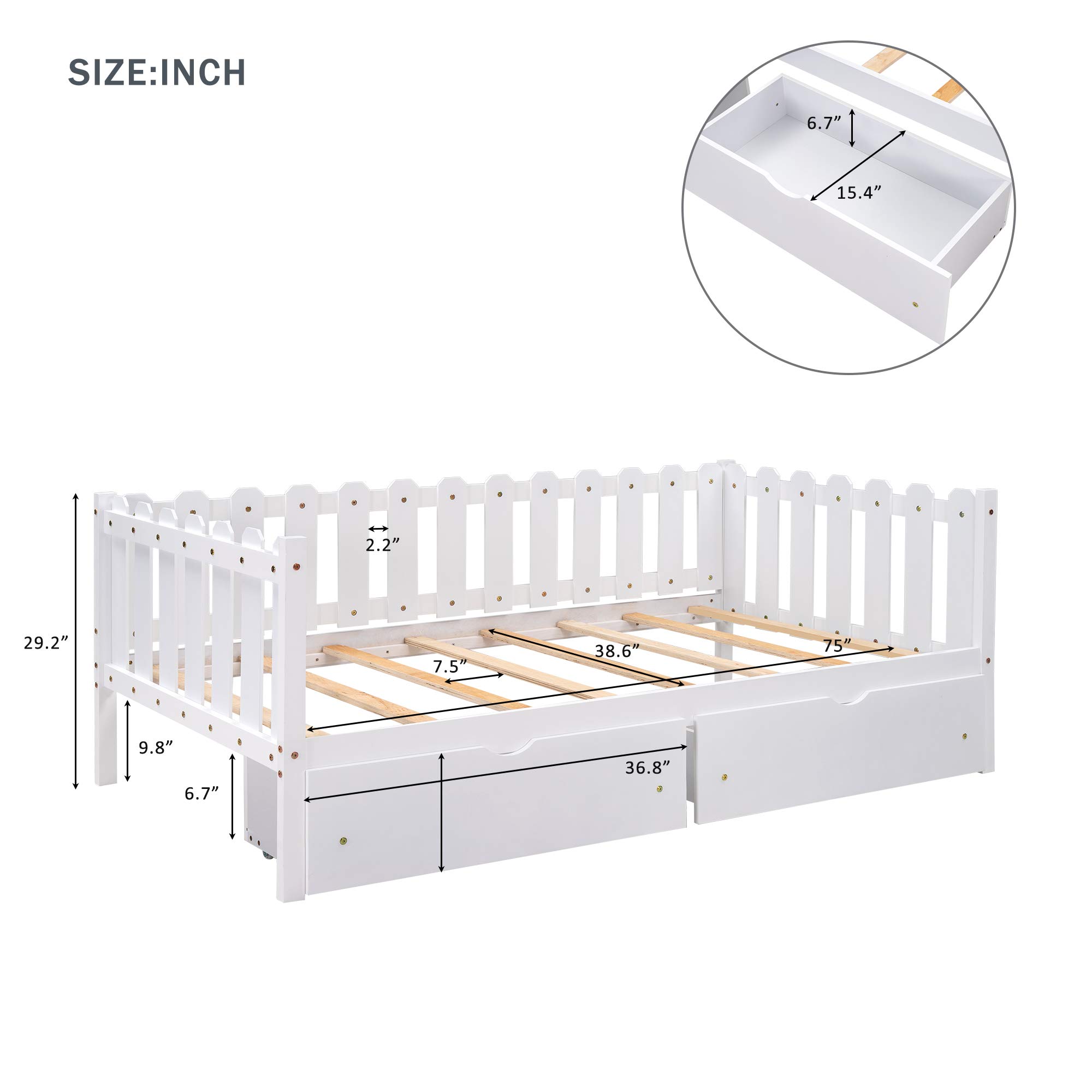 KLMM Twin Daybed with 2 Storage Drawers - Solid Wood Sofa Bed Frame for Small Spaces - Rustic Style Convertible Bed for Bedroom, Living Room or Guest Room (White) - Perfect for Apartments, Dorms & Home Offices