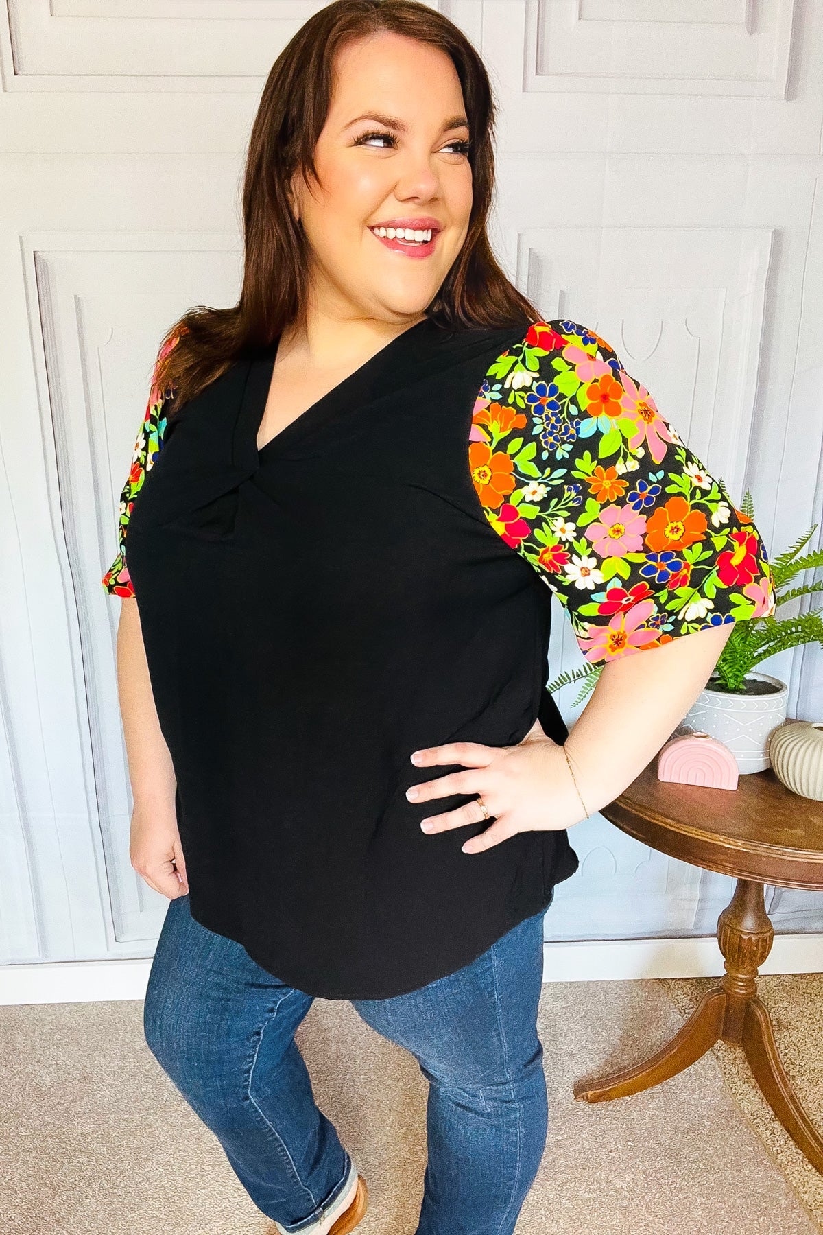 Eyes On You Black Floral Puff Sleeve V Neck Top - Women's Fashion Blouse for Date Night & Special Occasions