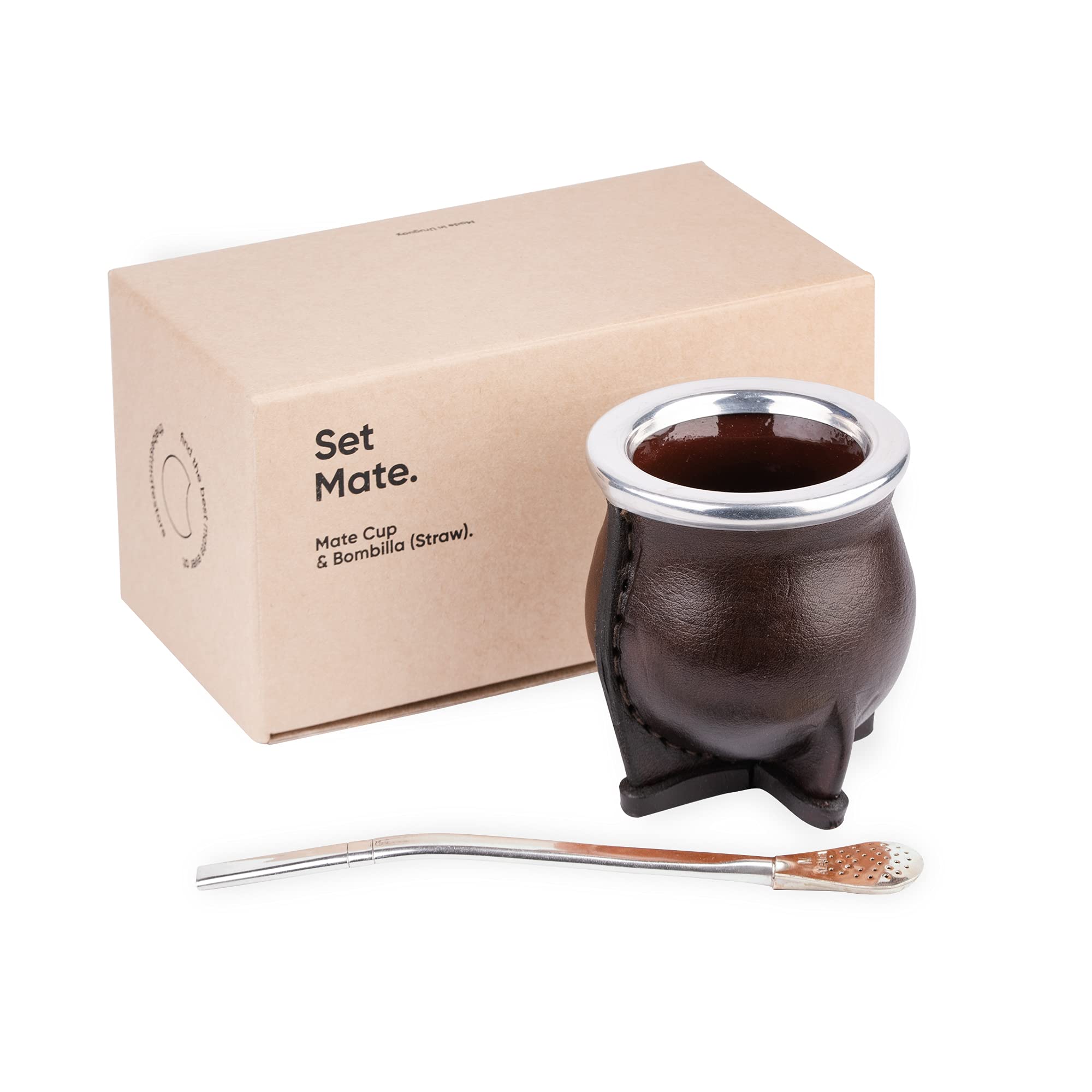Premium Yerba Mate Cup Set - Handmade Ceramic & Leather - German Silver Straw - Perfect for Travel & Office Use