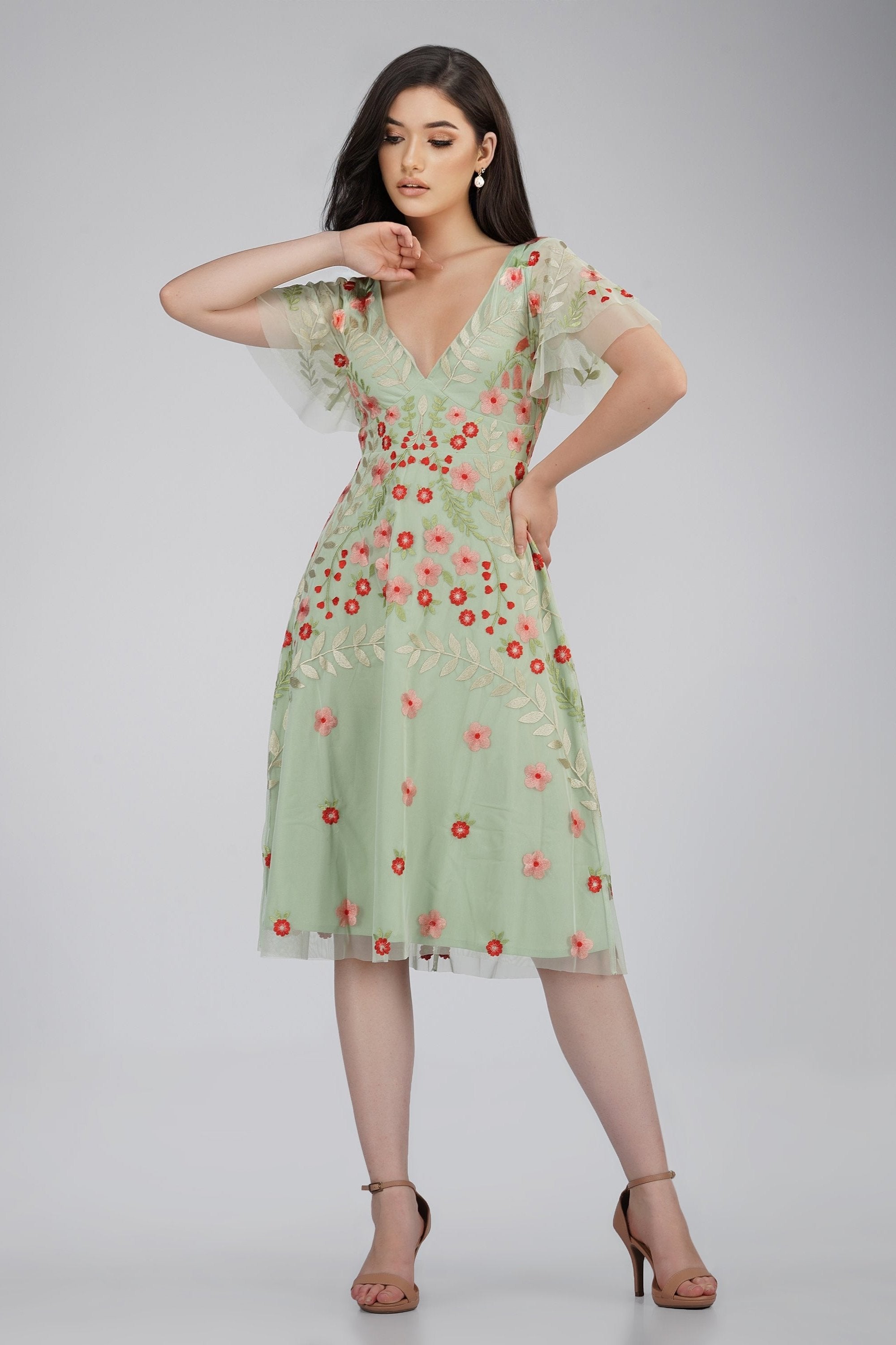 Elegant Calla Sage Green Embroidered Floral Dress for Women | Summer Wedding Guest Dress & Garden Party Outfit