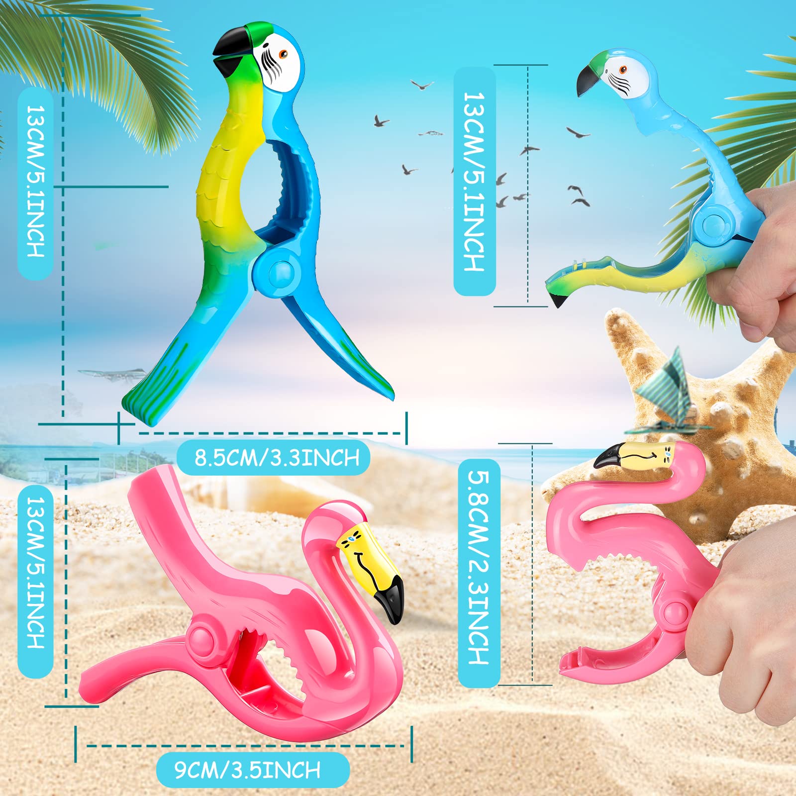 8 Pcs Heavy Duty Beach Towel Clips for Chairs - Flamingo & Parrot Design, Jumbo Size Pool Towel Holders for Cruise Ship, Travel, and Outdoor Use (Pink, Blue, Flamingo, Parrot) - Perfect for Beach, Poolside, and Vacation Essentials