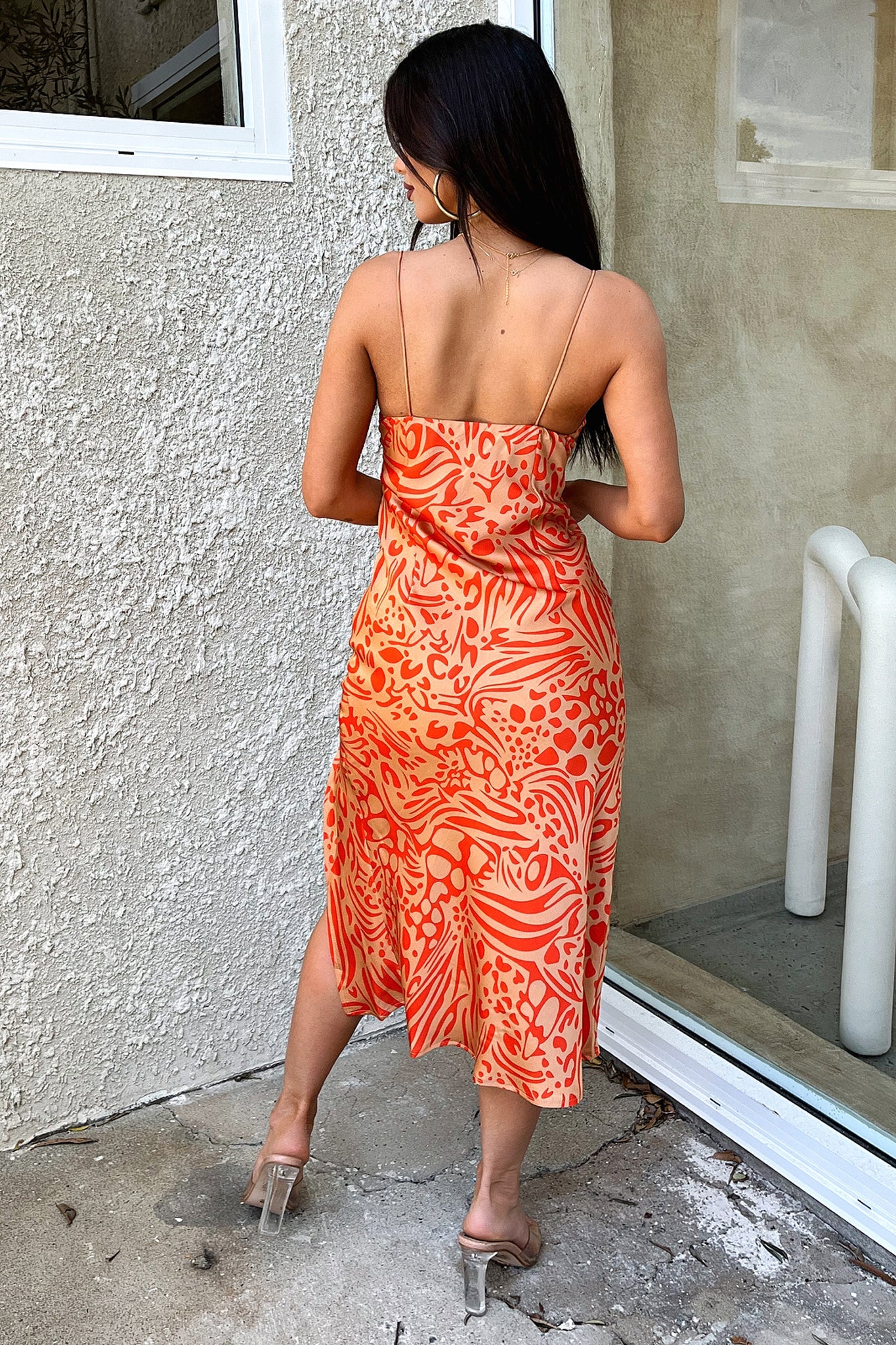 Jennifer Satin Midi Dress - Elegant Orange & Brown Floral Print Wrap Dress for Women | Perfect for Cocktail Parties, Date Nights & Special Occasions