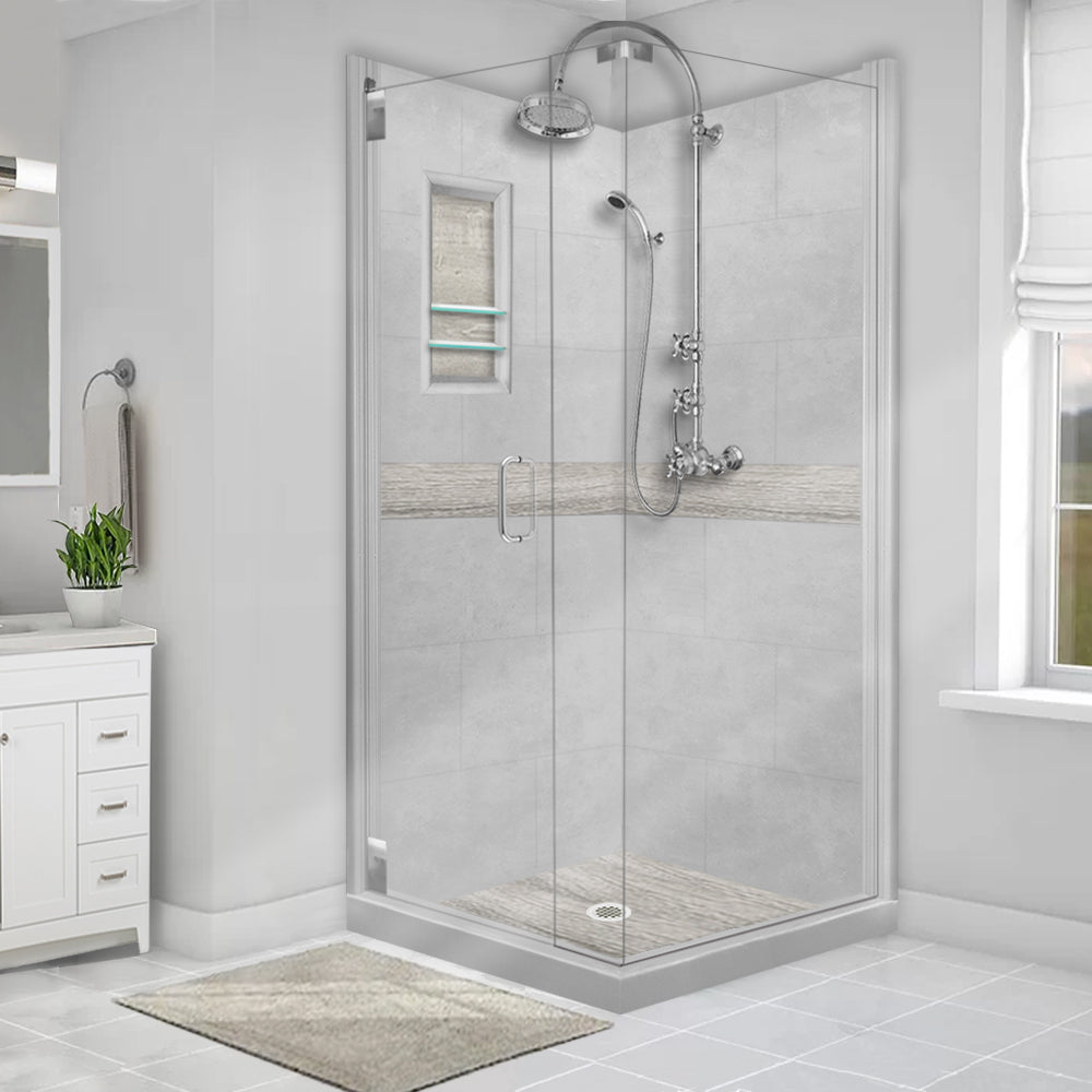 Corner Portland Cement Sistine Stone & Sterling Oak Wood Accent - DIY Shower Remodel Kit for Bathroom Renovation | Waterproof & Durable Shower Wall Panels | Easy Installation for Home Improvement Projects