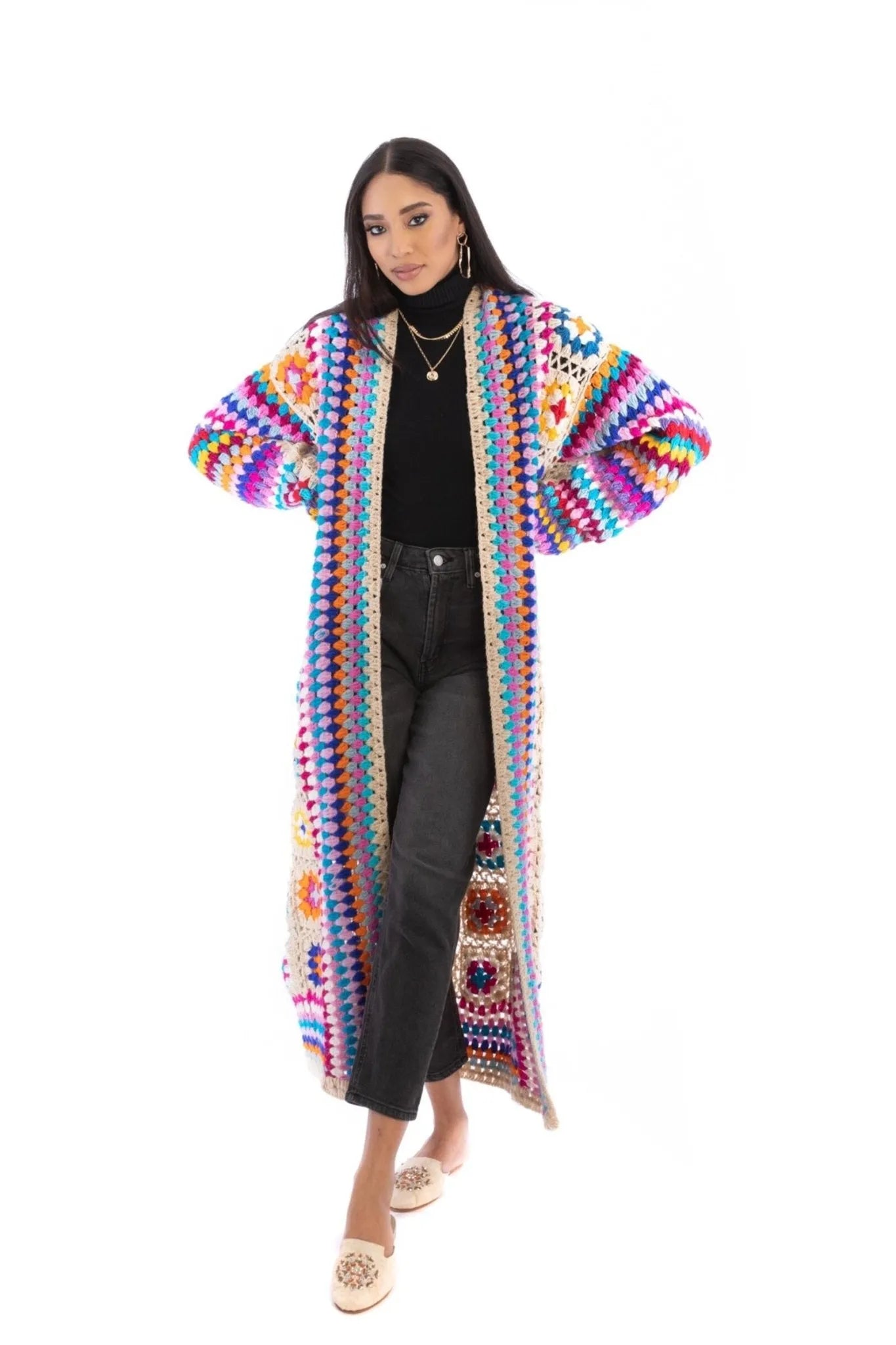 Handmade Crochet Long Kimono Cardigan - Boho Chic Lace Cover Up for Women - Perfect for Beach, Festival, and Summer Outfits