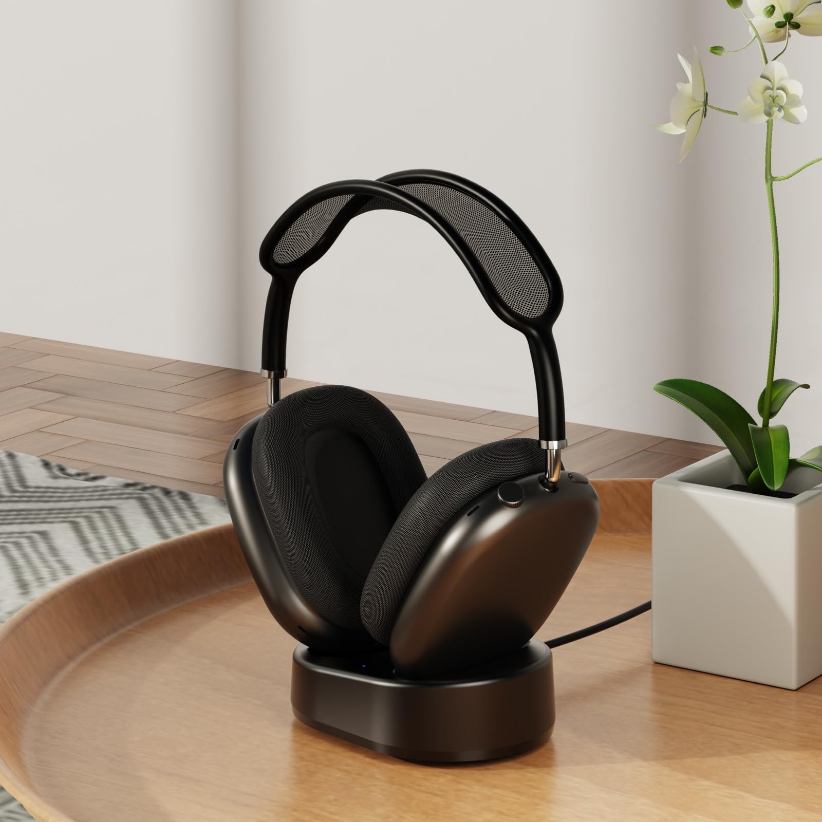 Premium Magnetic Headphone Stand for AirPods Max - Wireless Charging Base, Portable Desktop Holder with Secure Storage | Perfect for Home, Office & Travel Use (Black)