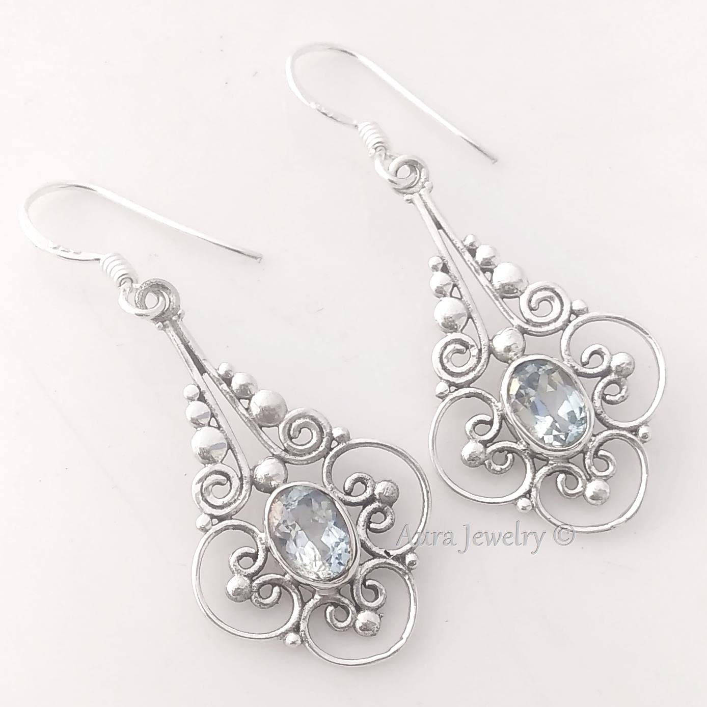 925 Sterling Silver Dangle Earrings for Women - Genuine Blue Topaz Birthstone Jewelry | Hypoallergenic Bezel Set Oval Gemstone Earrings | Perfect December Birthday Gift, Mother's Day Present & Bohemian Style Accessory for Party, Wedding & Everyday Wear