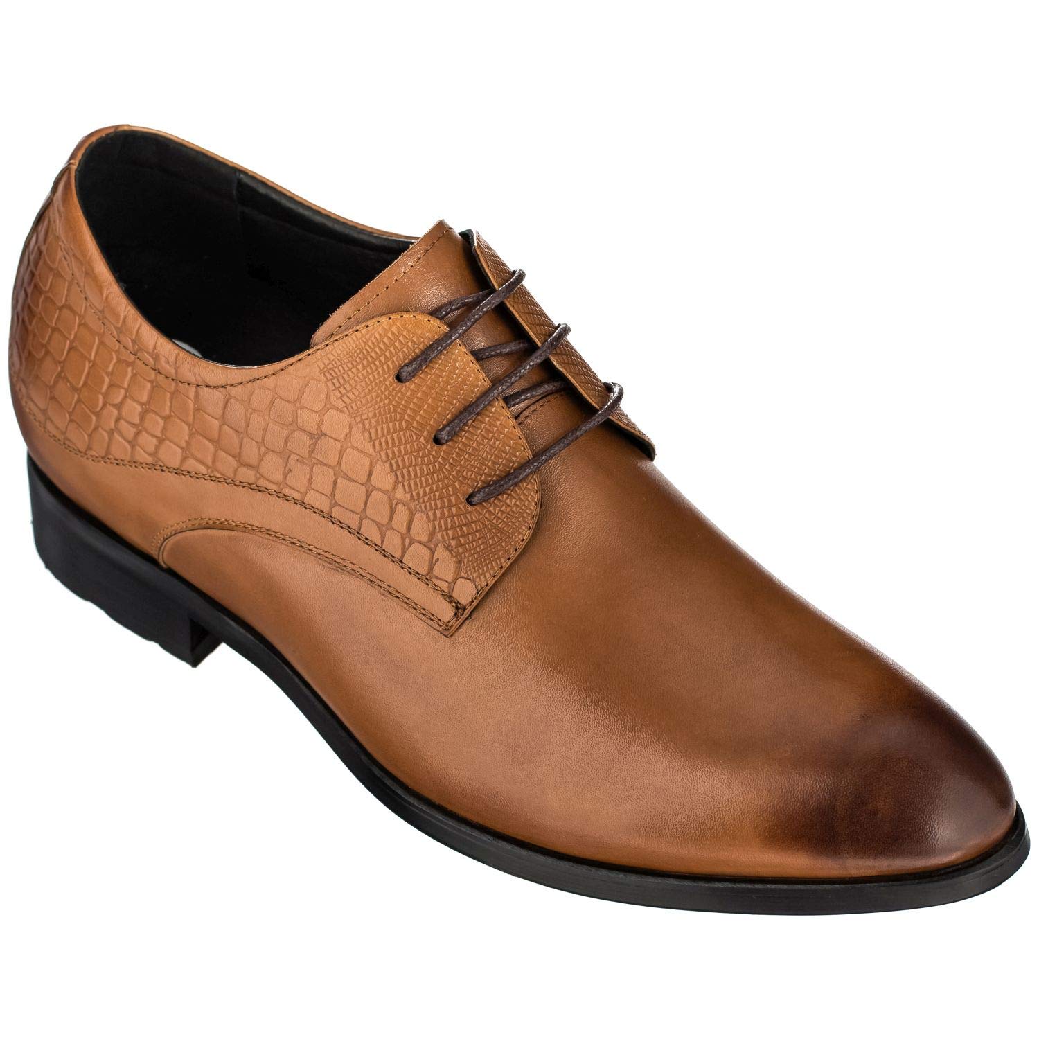 CALTO 3 Inch Height Increasing Elevator Shoes for Men - Light Tan Leather Dress Oxfords with Invisible Heels | Comfortable Elevator Shoes for Work, Dating & Formal Events | Size 8 D(M) US