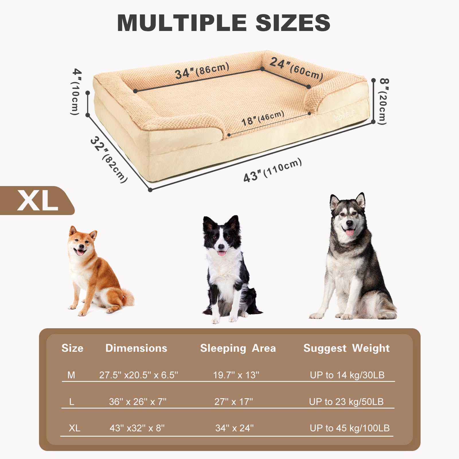 JOYELF Orthopedic Dog Bed for Extra Large Dogs - Waterproof Memory Foam Sofa Couch Pet Bed with Removable Washable Cover & Non-Slip Bottom - Durable Khaki Dog Bed for Senior Dogs with Joint Pain - Perfect for Living Room, Bedroom or Kennel Use
