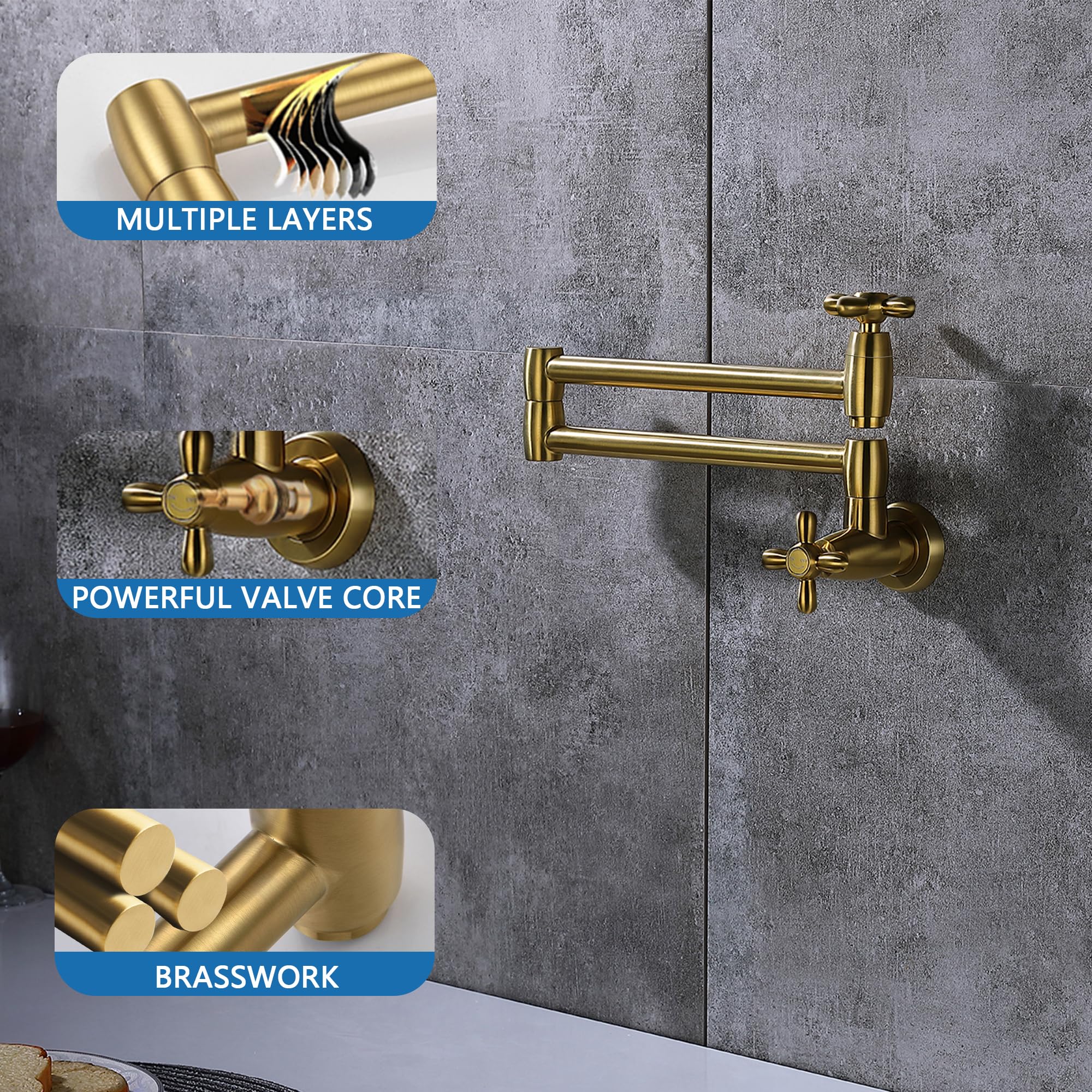 Brushed Gold Wall Mounted Pot Filler Faucet with Swing Arm - Brass Stove Faucet with Extendable Arm & Dual Cross Handles - Perfect for Kitchen Sink, Cooking Area, and Behind Stove Installation