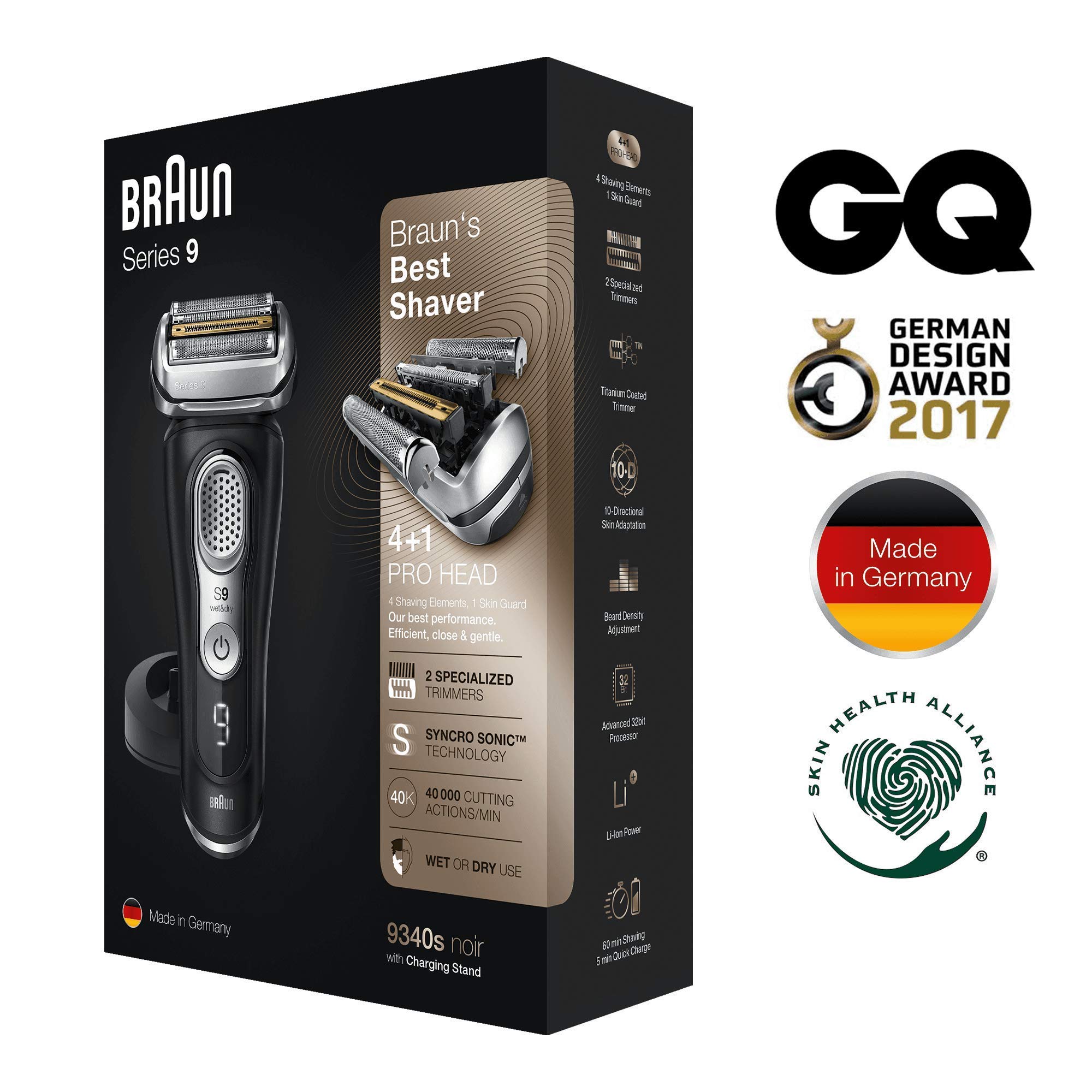 Braun Series 9 Electric Shaver for Men with Precision Trimmer - Wet & Dry Waterproof Shaver with Charging Stand & Travel Case - UK 2 Pin Plug (Model 9340s, Black) - Perfect for Travel, Home & Office Use