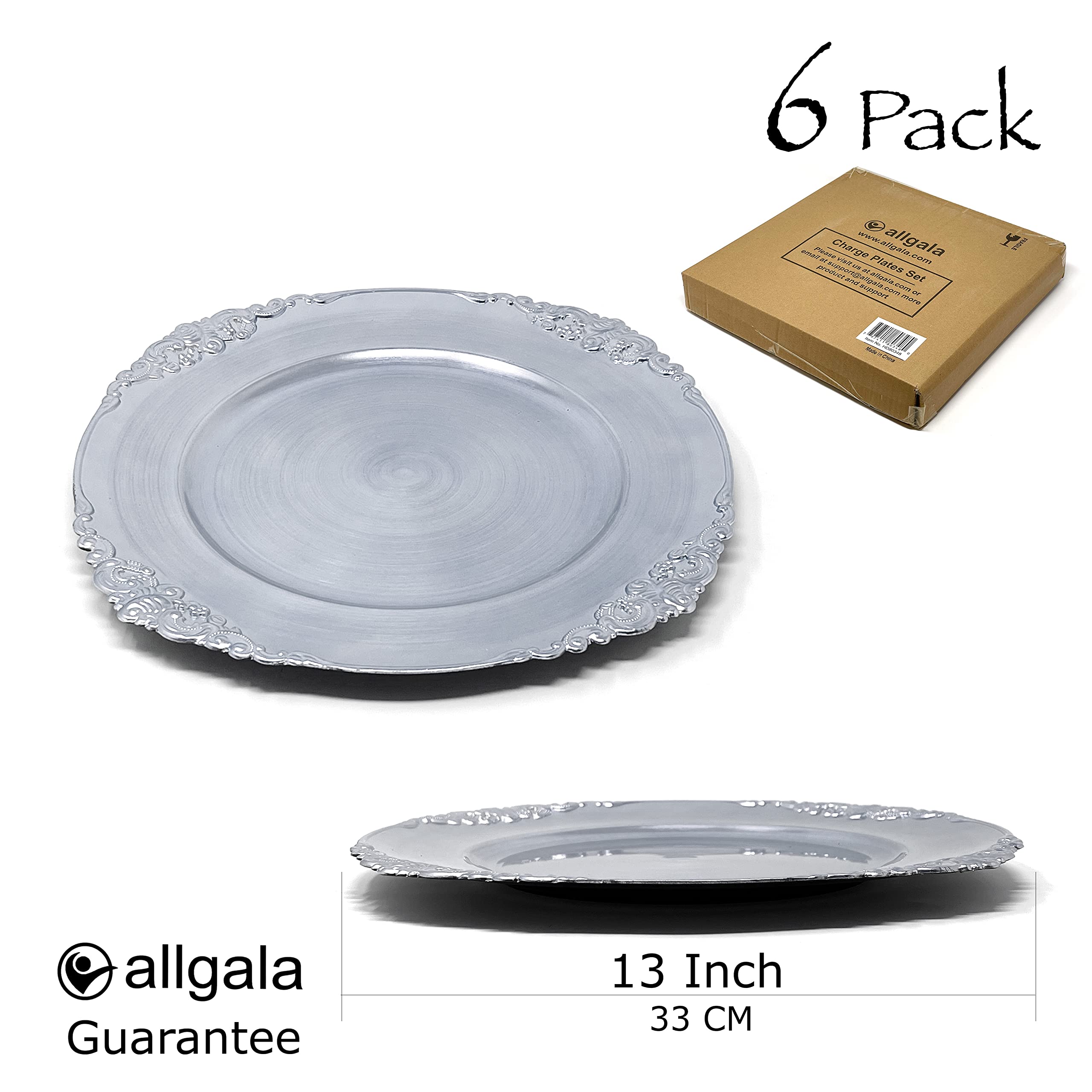 Premium Allgala 13-Inch Heavy Duty Round Charger Plates - 6-Pack Floral Silver Decorative Chargers for Dinner Plates - Elegant Table Setting for Weddings, Thanksgiving, Christmas & Holiday Parties - Perfect for Formal Dining, Buffet Service & Special Occasions