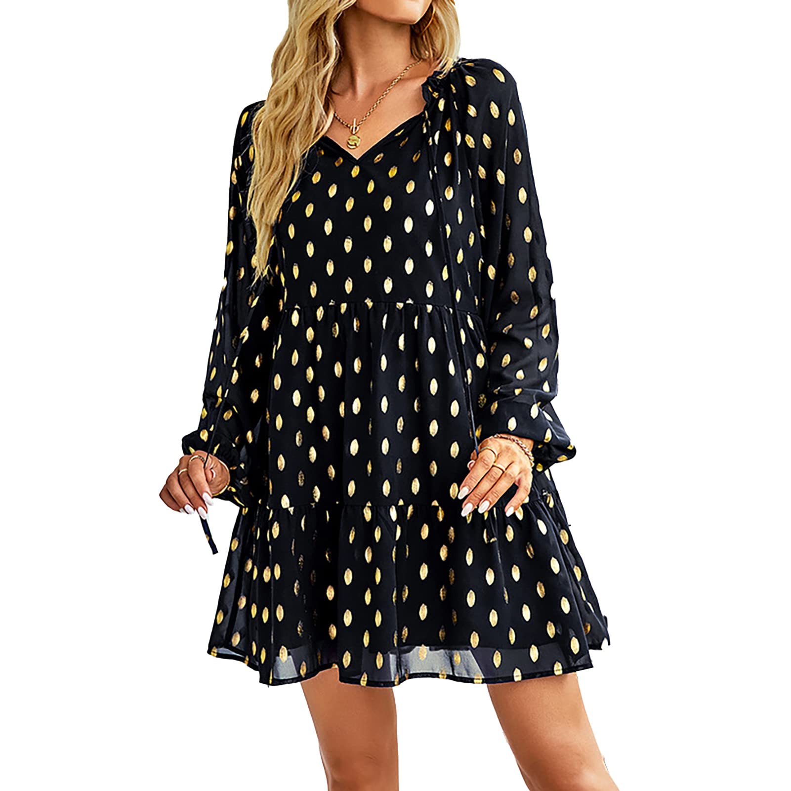 Women's Polka Dot Chiffon Dress - Elegant Slim Fit Long Sleeve Casual Dress for Spring & Autumn | Perfect for Office Wear, Date Nights & Special Occasions