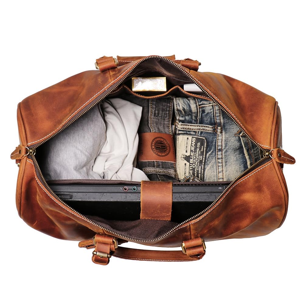 Premium Genuine Leather Men's Travel Duffle Bag - Cowhide Shoulder Bag for Gym, Sports, Weekend & Overnight Trips - Carry On Luggage (18 Inch, Brown) - Perfect for Business Travel, Workout & Outdoor Adventures