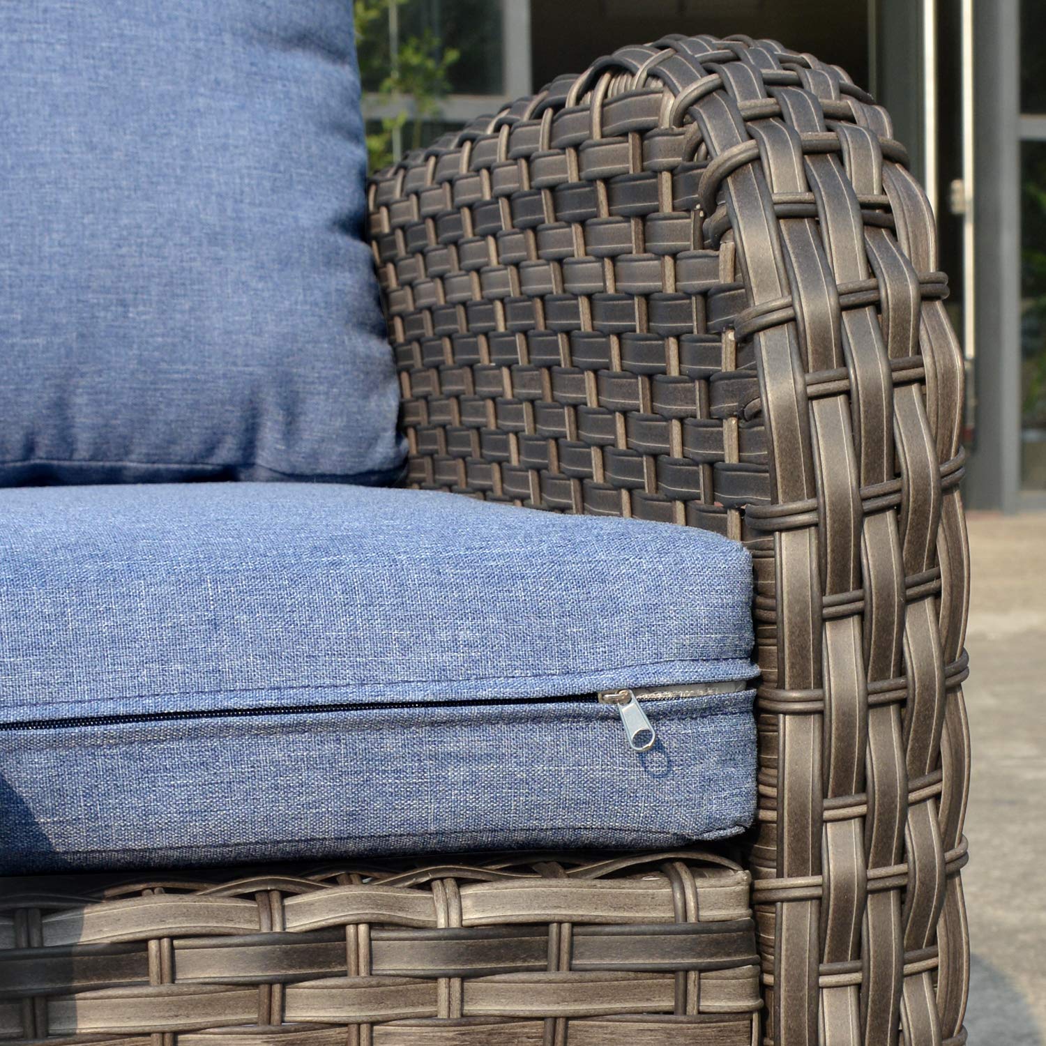 4-Piece High Back Patio Furniture Set - All-Weather PE Wicker Outdoor Conversation Set with Loveseat, 2 Chairs & Coffee Table (Gray Rattan with Denim Blue Cushions) - Perfect for Backyard, Garden, Poolside or Deck Relaxation