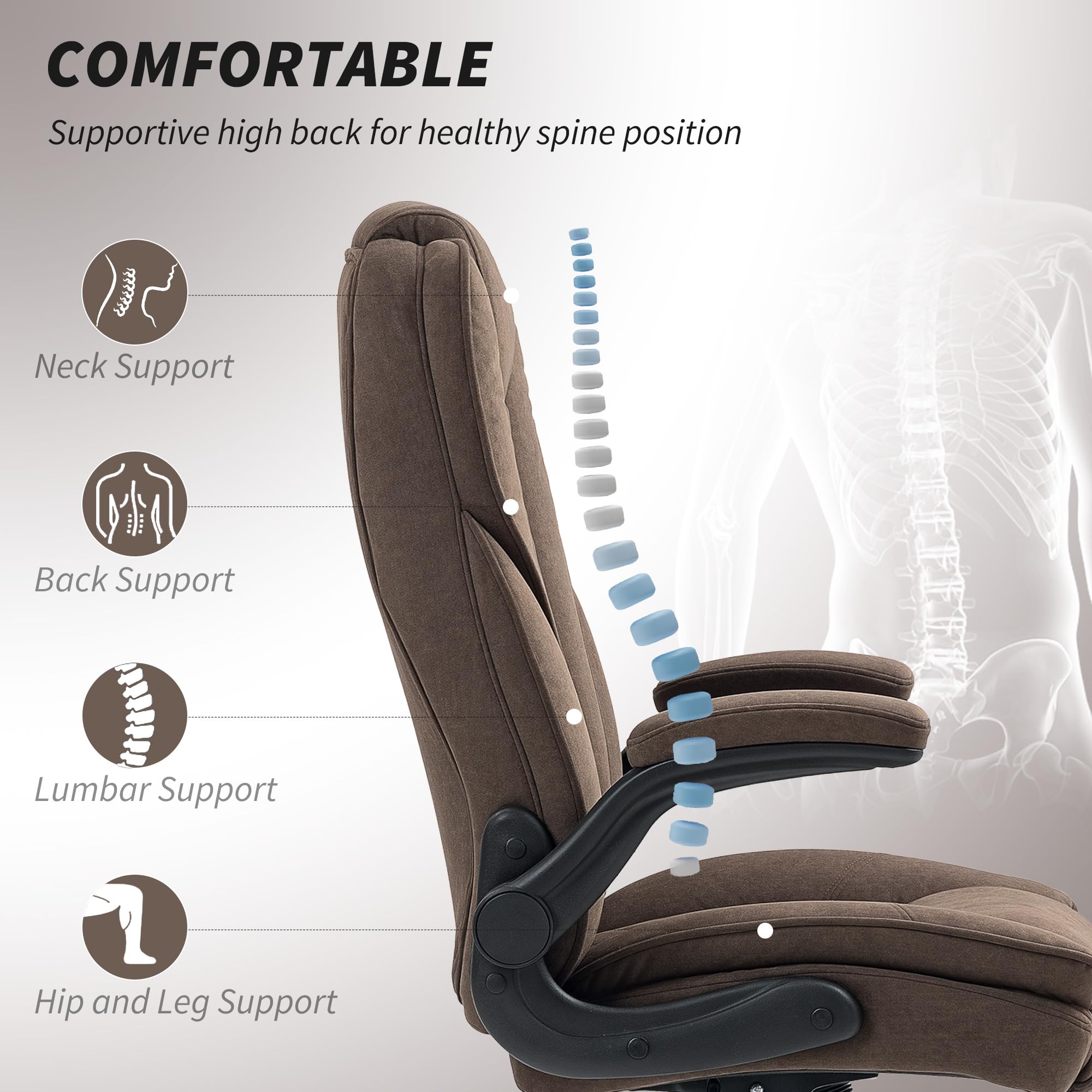HOMCOM High Back Executive Office Chair with Swivel Wheels & Flip-Up Armrests - Adjustable Height Ergonomic Desk Chair - Modern Diamond Fabric Computer Chair for Home Office (Dark Brown) - Perfect for Long Work Hours & Video Conferencing