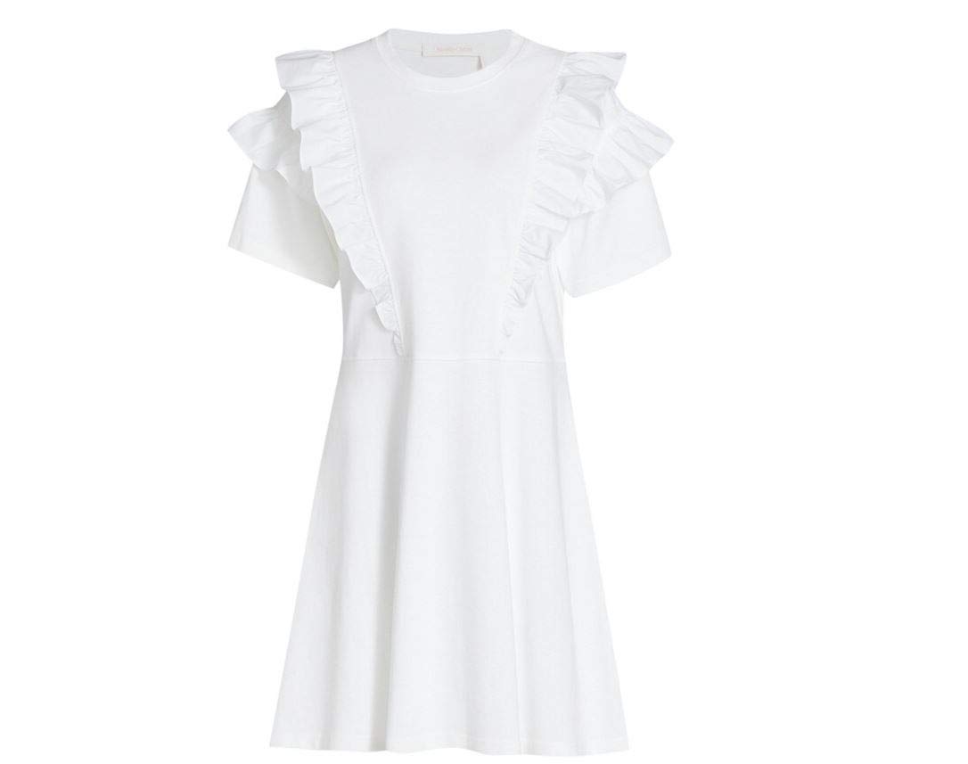 See by Chloe Women's White Cotton Ruffle T-Shirt Dress - Casual Summer Dress for Beach, Brunch & Date Nights