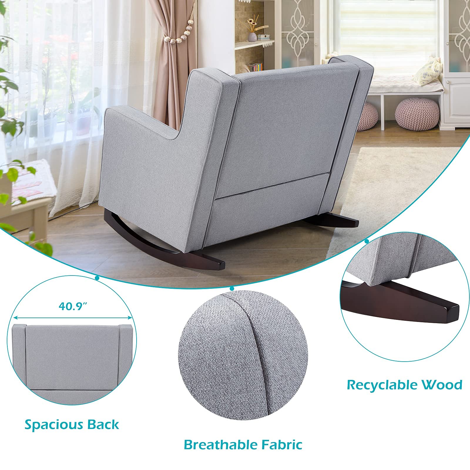 Esright Nursery Rocking Chair - Extra Wide Wingback Tufted Upholstered Glider Chair for Baby Room, Comfortable Rocker Recliner with Thick Cushions, Light Grey - Perfect for Nursing, Reading & Relaxing in Nursery or Living Room