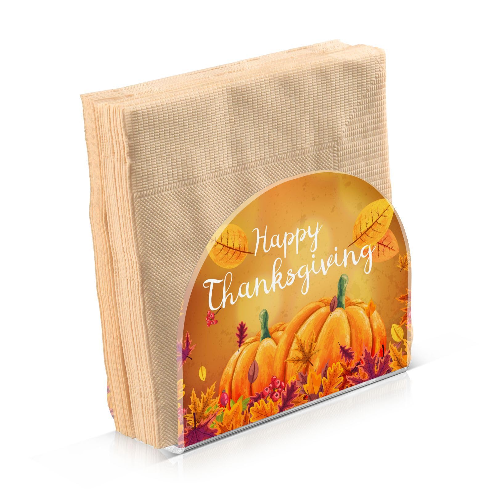 Happy Thanksgiving Acrylic Napkin Holder - Autumn Leaves & Pumpkin Design for Table, Kitchen, Dining, Restaurant, and Home Bar - Perfect for Holiday Decor and Cocktail Napkin Dispenser
