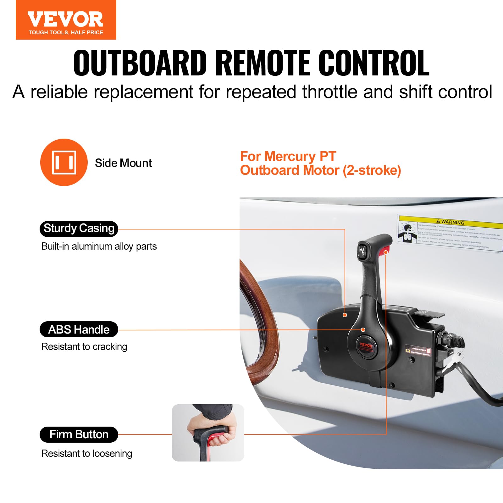 VEVOR Marine Boat Throttle Control Box - Side-Mounted Outboard Remote Control for Mercury PT 2-Stroke Engines with Power Trim Switch | 16.3ft 8+4 Pin Harness & Safety Lanyard | Perfect for Fishing Boats, Speedboats & Water Sports