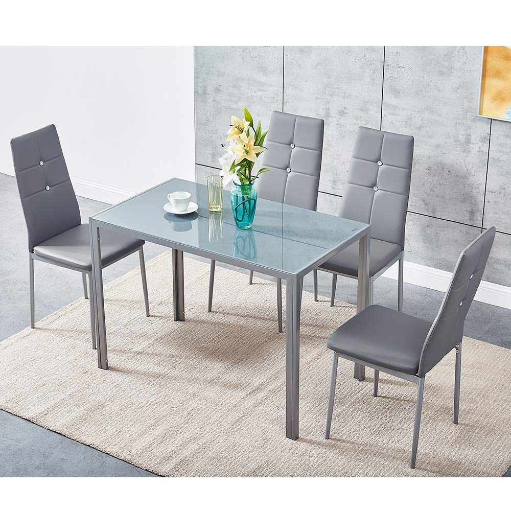 Modern Glass Dining Table Set with 4 Faux Leather Chairs - 105