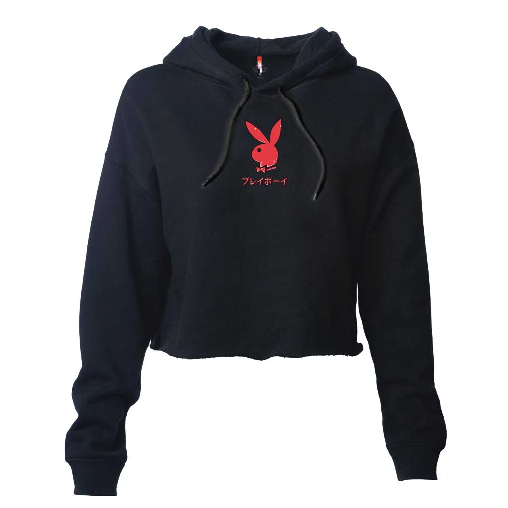 Playboy Women's Rabbit Head Crop Hoodie - Black & Pink Color Block Pullover | Streetwear Fashion, Casual Outfit, Party Wear