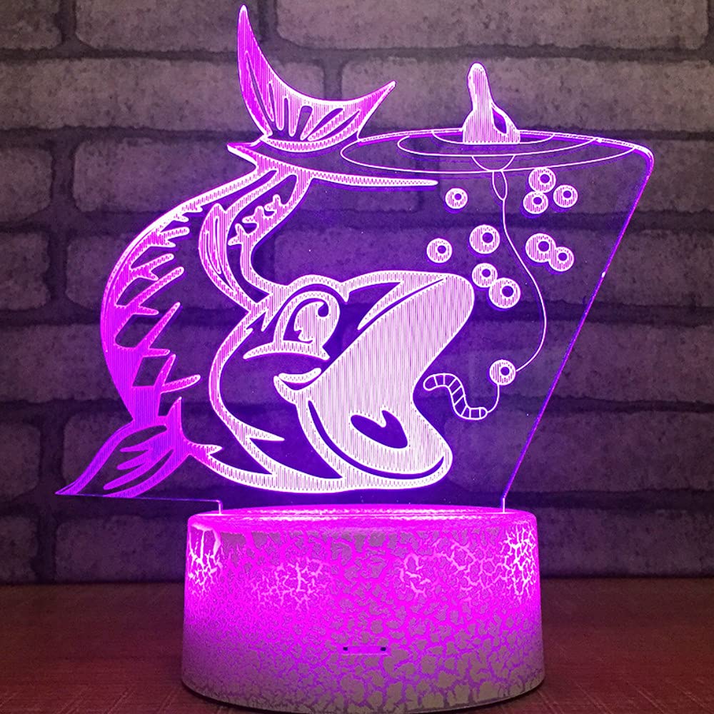 3D Illusion Fishing Fish Night Light Lamp - 7 Color Changing LED, Touch Switch, USB Powered, Acrylic Flat ABS Base - Perfect for Bedroom, Kids Room, Desk Decor & Unique Birthday Gifts