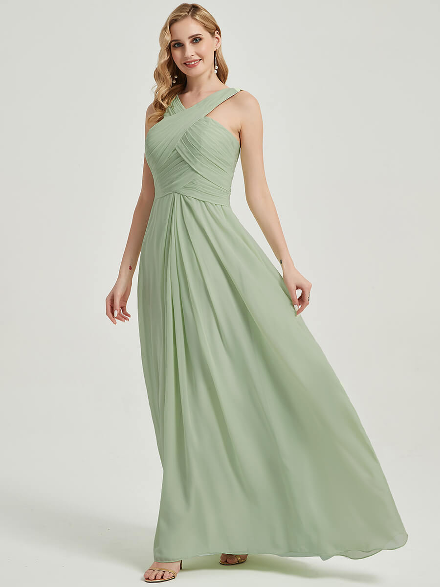 Elegant Dark Navy Cross Neck A-Line Floor Length Chiffon Bridesmaid Dress for Weddings & Formal Events - Perfect for Bridal Party, Evening Galas, and Special Occasions