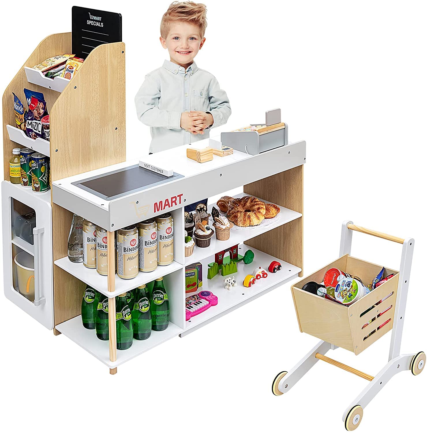HONEY JOY Wooden Grocery Store Playset for Kids - Pretend Play Supermarket Toy with Shopping Cart, Cash Register, Chalkboard & Play Coins - Educational Role Play Toy for Toddlers & Preschoolers (Play Food Not Included) - Perfect for Home, Classroom & Daycare Pretend Play Activities