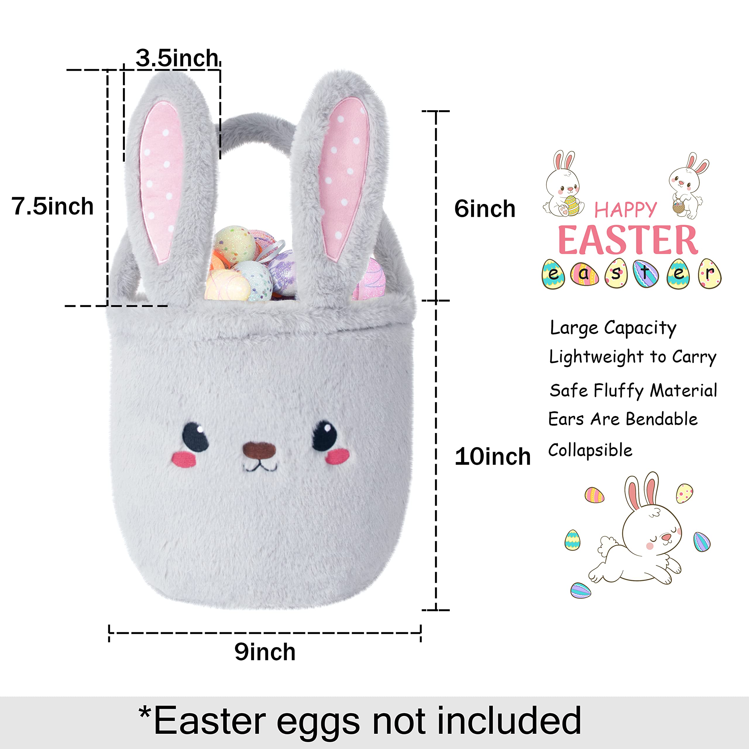 Easter Bunny Basket for Kids - Cute Grey Plush Foldable Ears Egg Hunt Tote with Handle - 9×9 Inch Candy Storage Bag for Boys Girls Teens - Perfect for Easter Decorations, Egg Hunts & Holiday Gift Giving