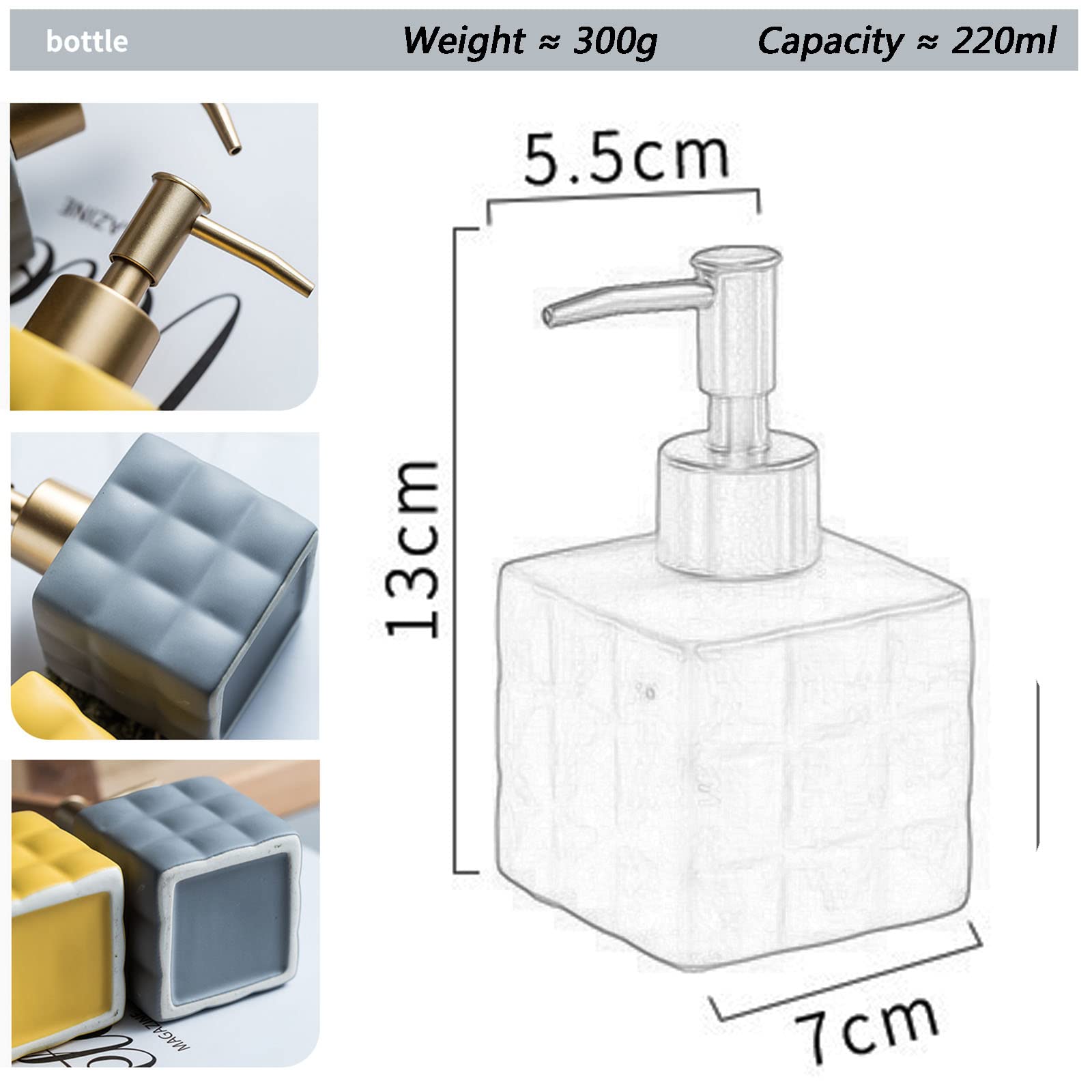 Ceramic Soap Dispenser for Hotel & Home - 220ML Empty Bottle for Hand Soap, Shampoo, Body Wash (7x7x13cm) - Perfect for Bathroom Countertop, Guest Rooms & Spa Decor