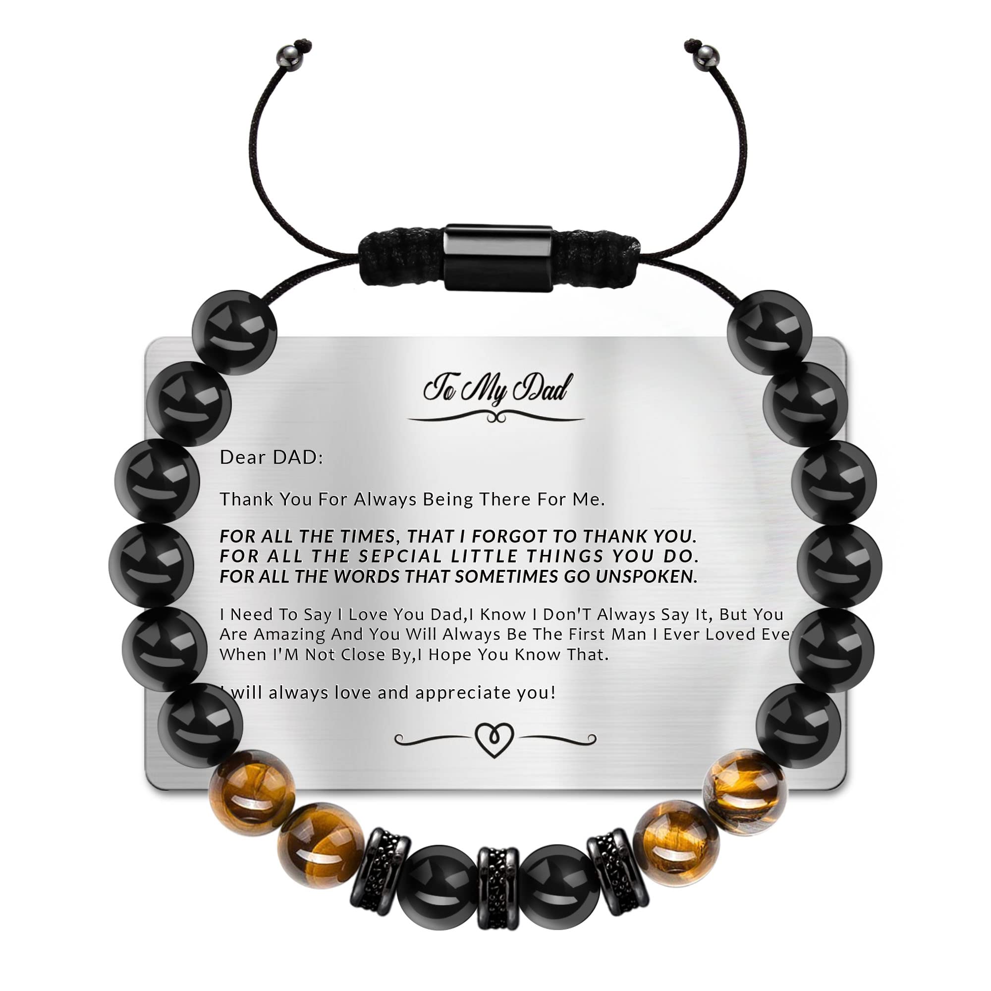 Tiger Eye Beaded Bracelet for Men - Adjustable I Love You Gift for Dad, Anniversary, Graduation - Perfect for Daily Wear & Special Occasions