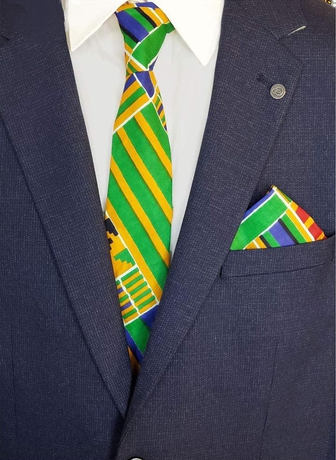 Premium African Osei Kente Silk Tie with Matching Pocket Square | Handwoven Ghanaian Kente Cloth Necktie Set DP4075NT | Perfect for Weddings, Business Meetings & Cultural Events