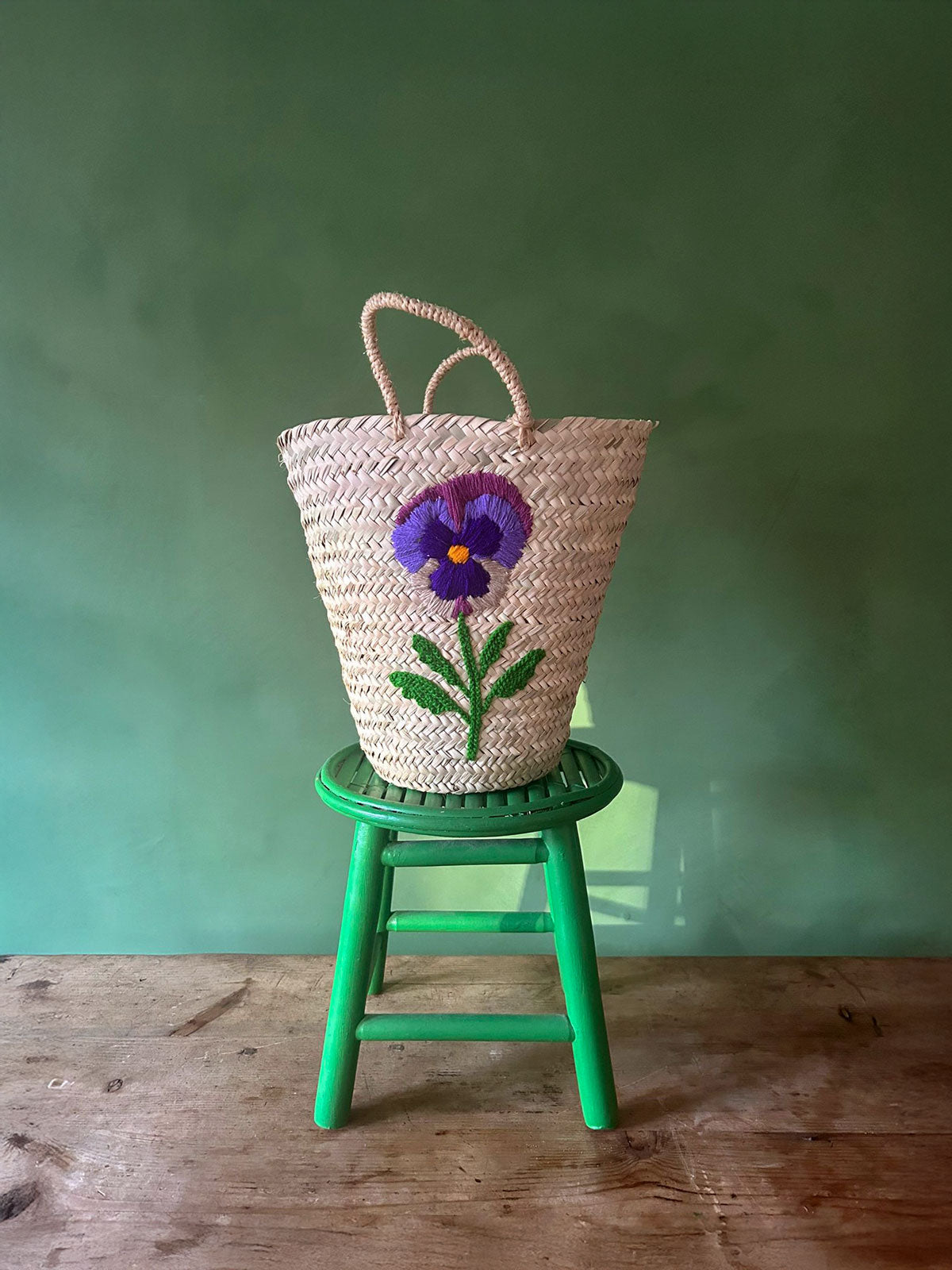 Hand Embroidered Pansy Flower Basket - Boho Home Decor Storage Organizer for Living Room, Bedroom & Bathroom - Perfect for Blankets, Towels & Magazines