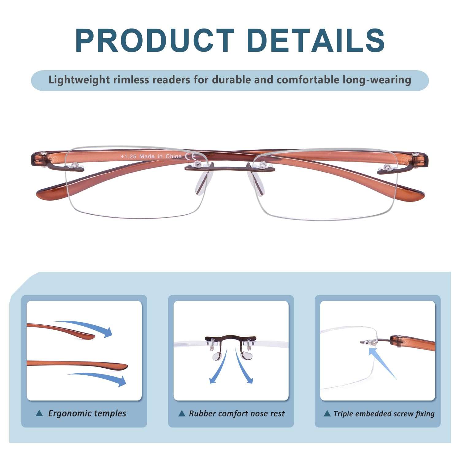 BLUELESS Rimless Reading Glasses for Men & Women - Small Frame Lightweight Readers in Brown - Perfect for Reading, Computer Use & Daily Wear