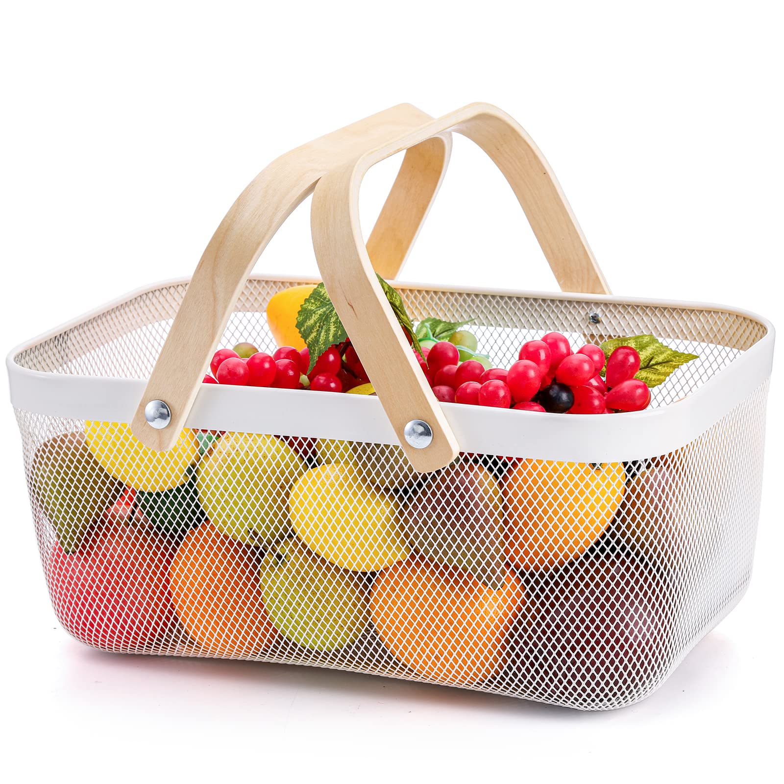 ZEAYEA White Mesh Storage Basket with Handle - Garden Harvest Basket, Vegetable & Fruit Picking Basket, Multi-Purpose Metal Wire Bin for Kitchen, Garden, Picnic & Cabinet Organization - Perfect for Harvesting Produce, Organizing Pantry & Outdoor Gatherings
