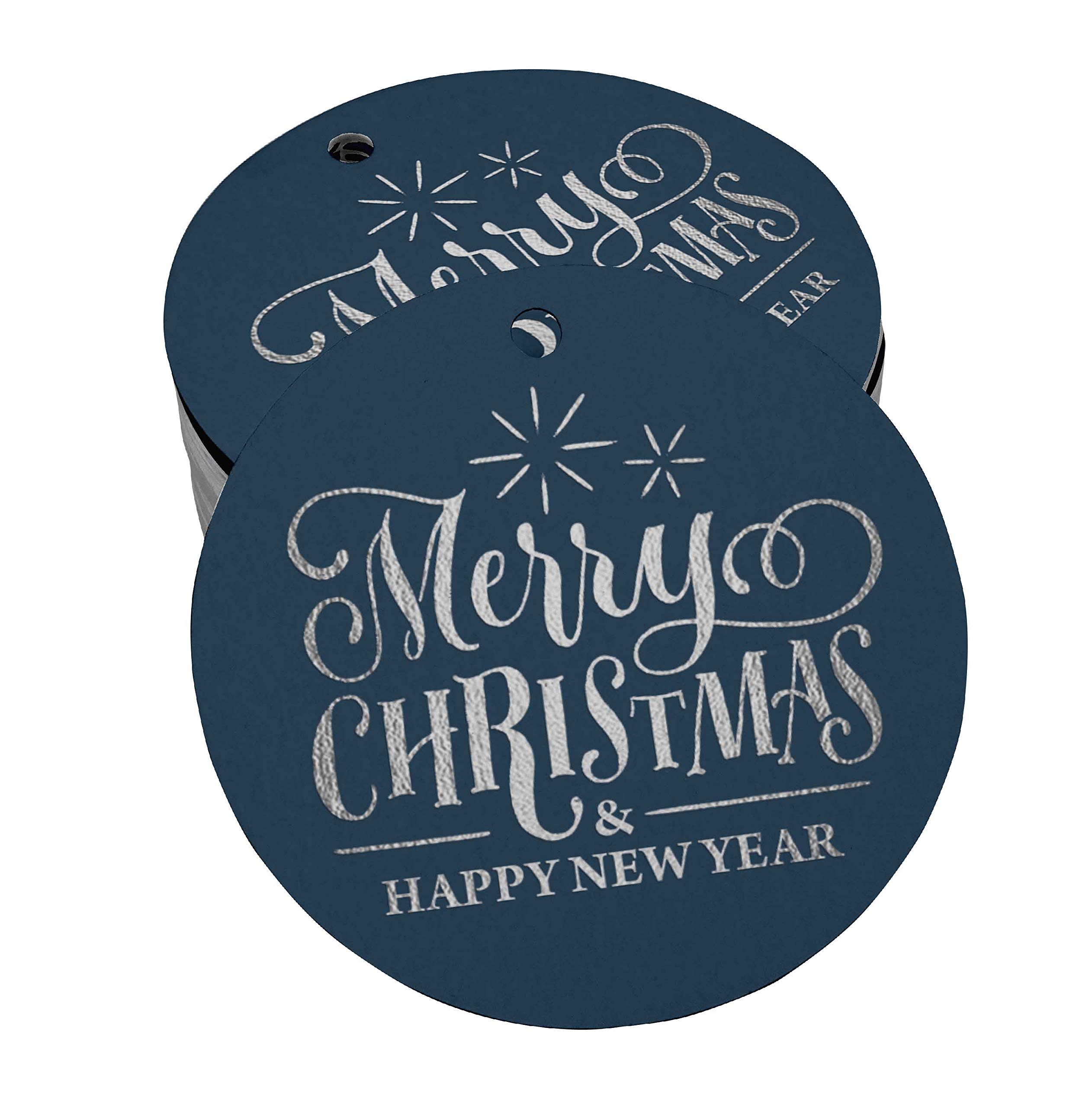 100 Pack Merry Christmas & Happy New Year Silver Foil Gift Tags - Elegant Holiday Party Favors, DIY Craft Decorations for Xmas Tree Ornaments, Presents & Wrapping