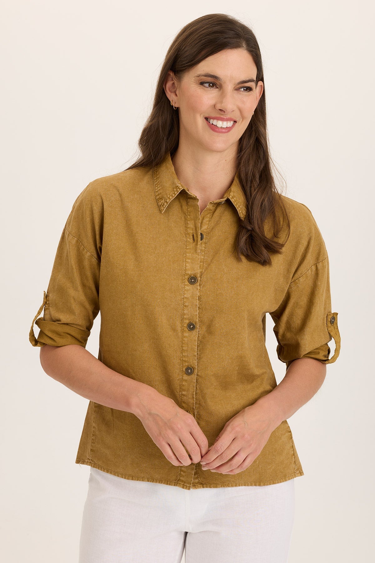 Carrie Linen 3/4 Sleeve Button Up Shirt for Women - Casual Office Wear & Summer Outfits